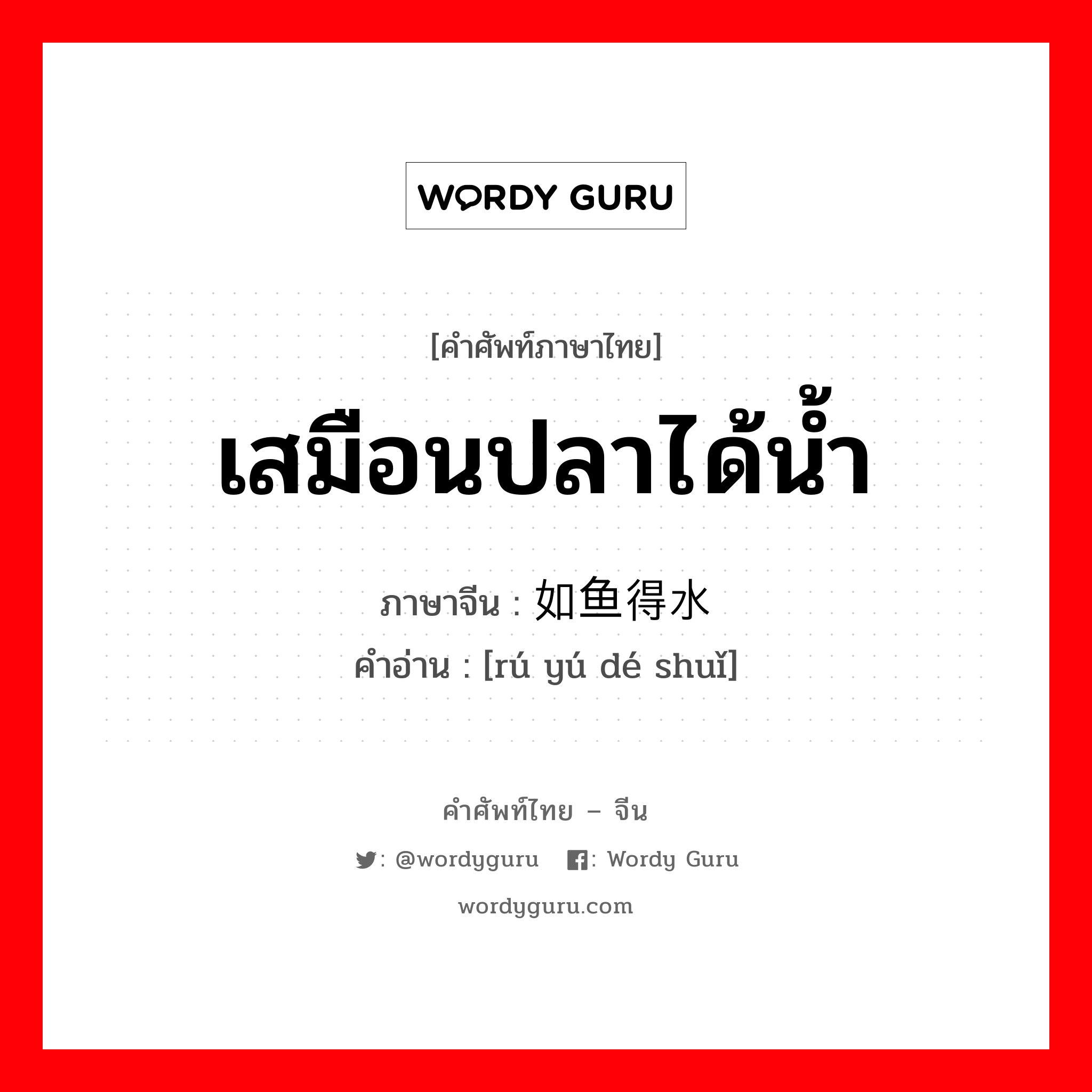 เสมือนปลาได้น้ำ ภาษาจีนคืออะไร, คำศัพท์ภาษาไทย - จีน เสมือนปลาได้น้ำ ภาษาจีน 如鱼得水 คำอ่าน [rú yú dé shuǐ]