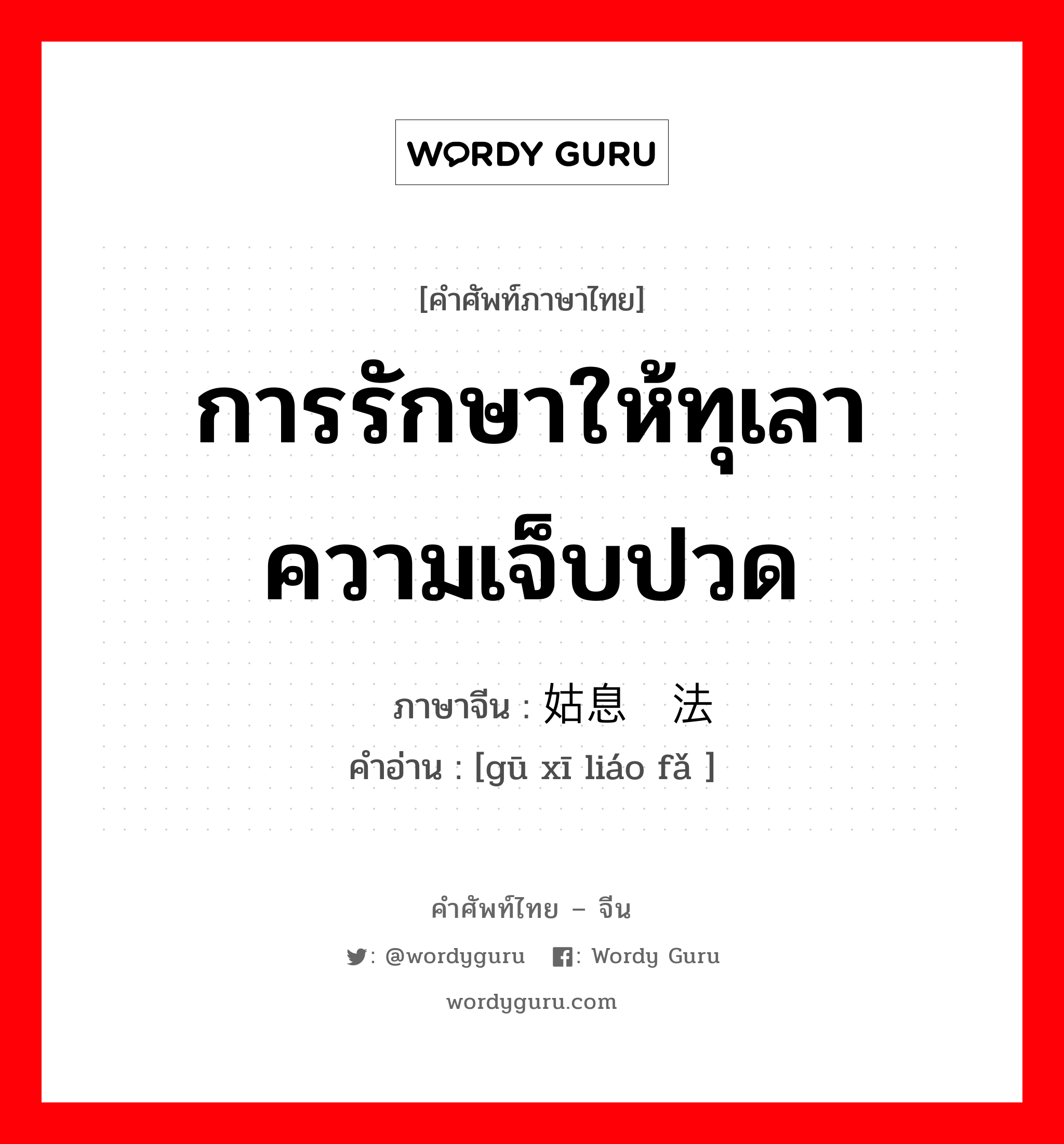 การรักษาให้ทุเลาความเจ็บปวด ภาษาจีนคืออะไร, คำศัพท์ภาษาไทย - จีน การรักษาให้ทุเลาความเจ็บปวด ภาษาจีน 姑息疗法 คำอ่าน [gū xī liáo fǎ ]