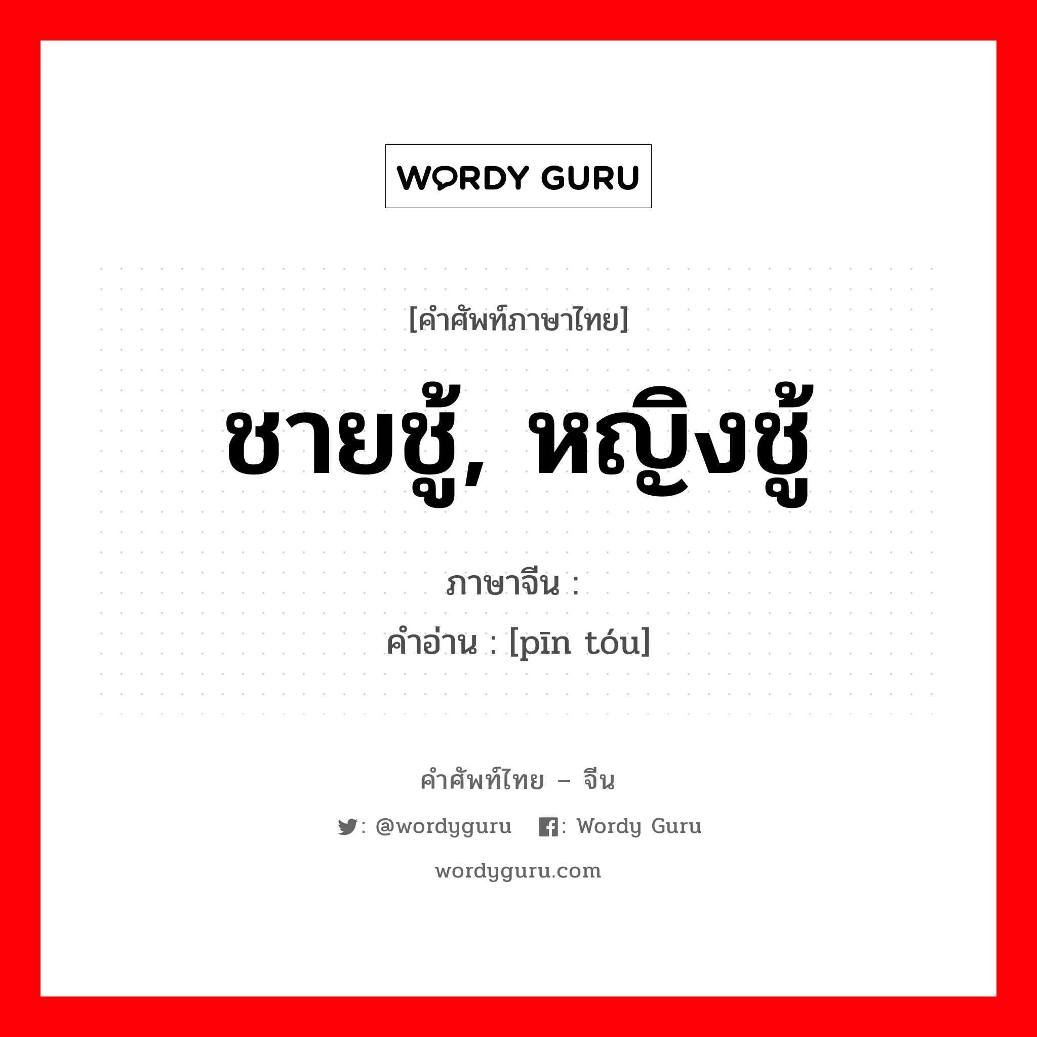 ชายชู้, หญิงชู้ ภาษาจีนคืออะไร, คำศัพท์ภาษาไทย - จีน ชายชู้, หญิงชู้ ภาษาจีน 姘头 คำอ่าน [pīn tóu]