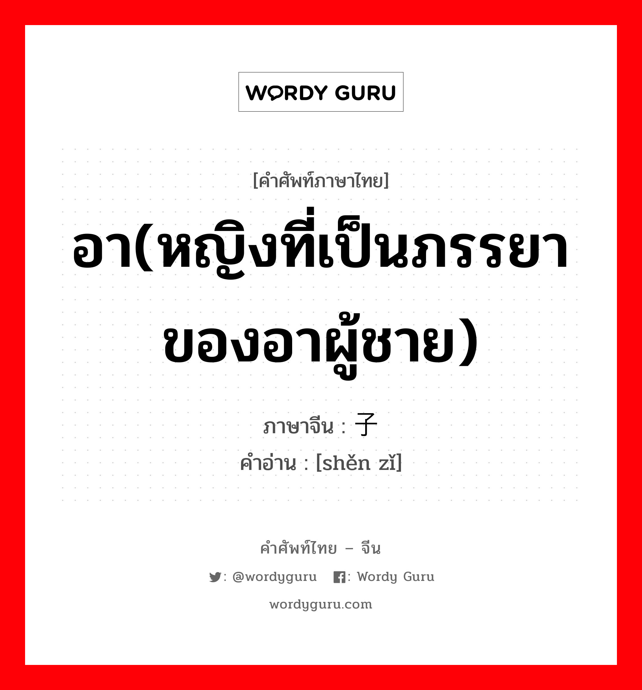 อา(หญิงที่เป็นภรรยาของอาผู้ชาย) ภาษาจีนคืออะไร, คำศัพท์ภาษาไทย - จีน อา(หญิงที่เป็นภรรยาของอาผู้ชาย) ภาษาจีน 婶子 คำอ่าน [shěn zǐ]