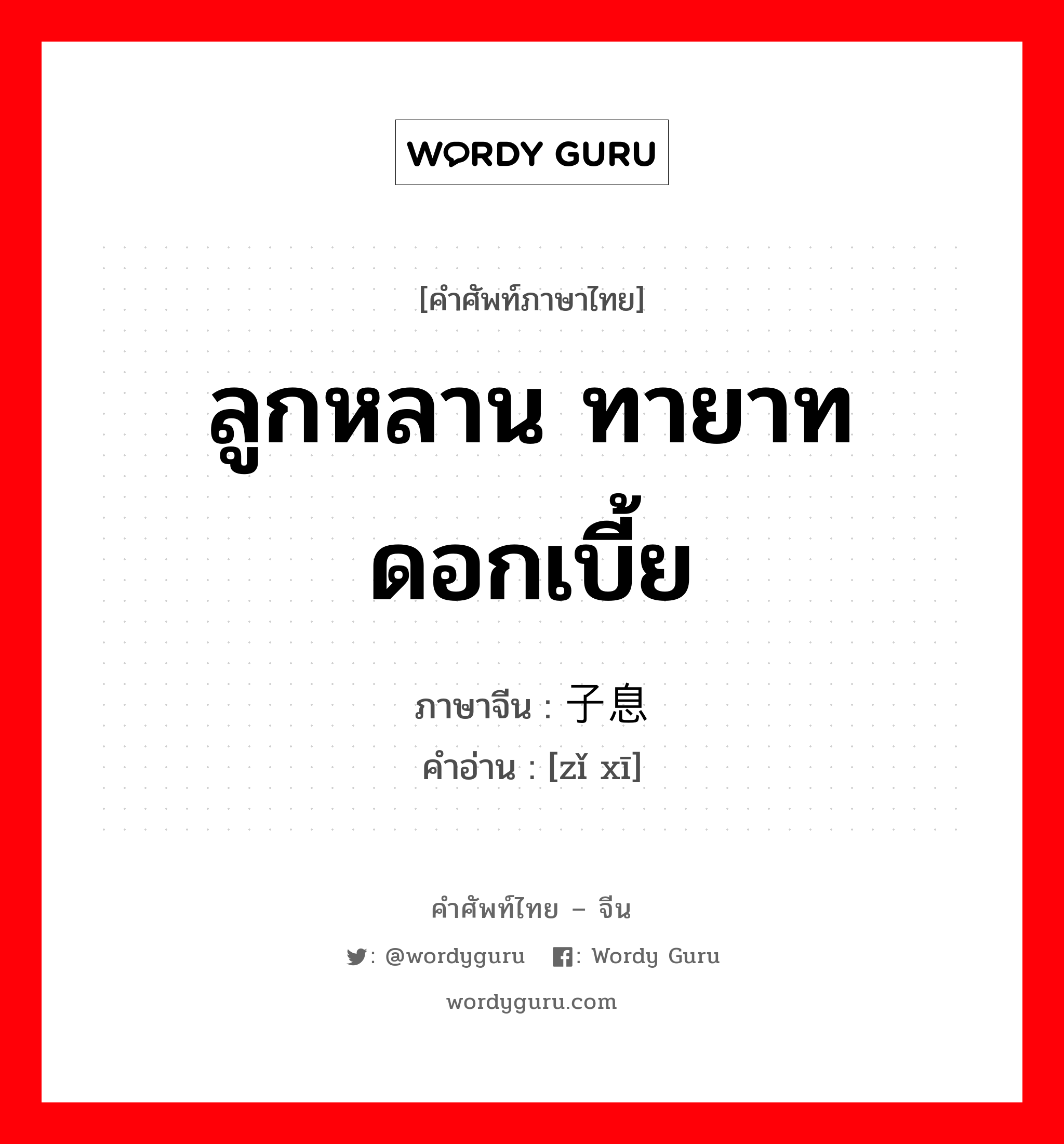 ลูกหลาน ทายาท ดอกเบี้ย ภาษาจีนคืออะไร, คำศัพท์ภาษาไทย - จีน ลูกหลาน ทายาท ดอกเบี้ย ภาษาจีน 子息 คำอ่าน [zǐ xī]