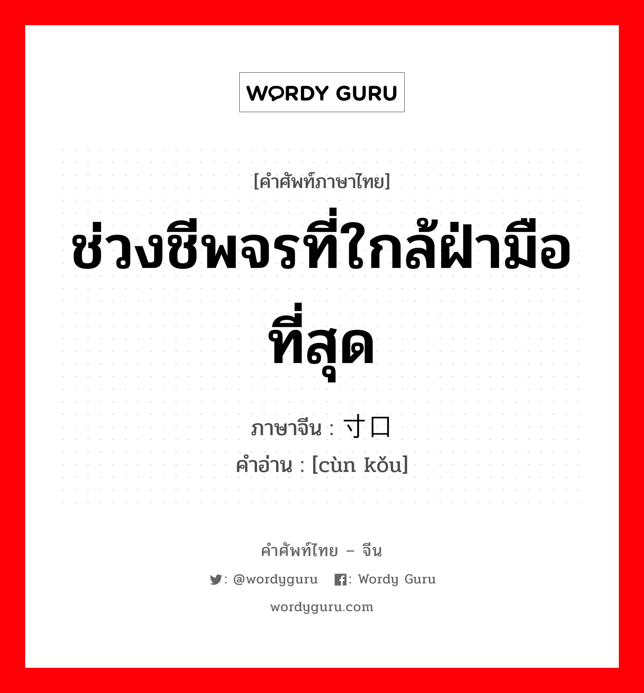 ช่วงชีพจรที่ใกล้ฝ่ามือที่สุด ภาษาจีนคืออะไร, คำศัพท์ภาษาไทย - จีน ช่วงชีพจรที่ใกล้ฝ่ามือที่สุด ภาษาจีน 寸口 คำอ่าน [cùn kǒu]