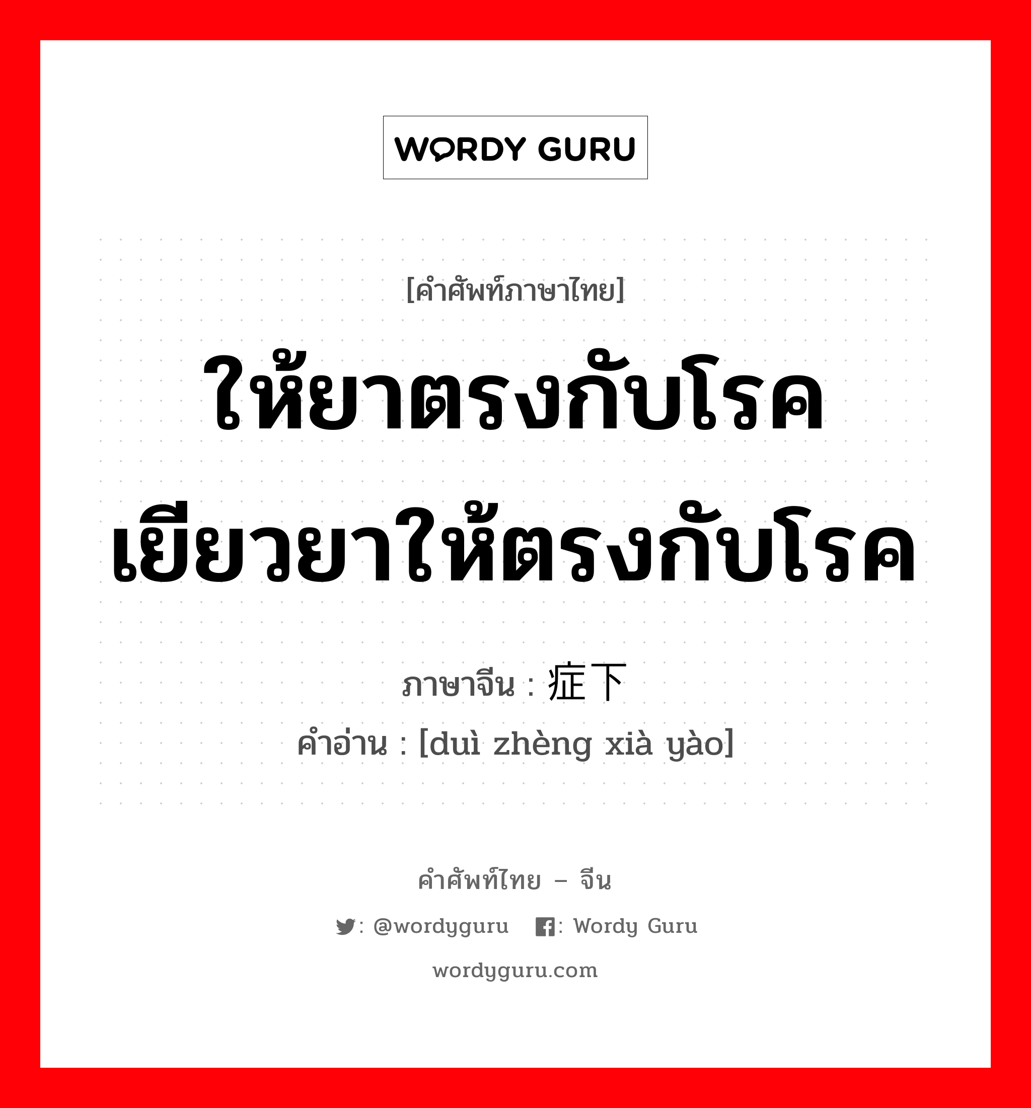 ให้ยาตรงกับโรค เยียวยาให้ตรงกับโรค ภาษาจีนคืออะไร, คำศัพท์ภาษาไทย - จีน ให้ยาตรงกับโรค เยียวยาให้ตรงกับโรค ภาษาจีน 对症下药 คำอ่าน [duì zhèng xià yào]