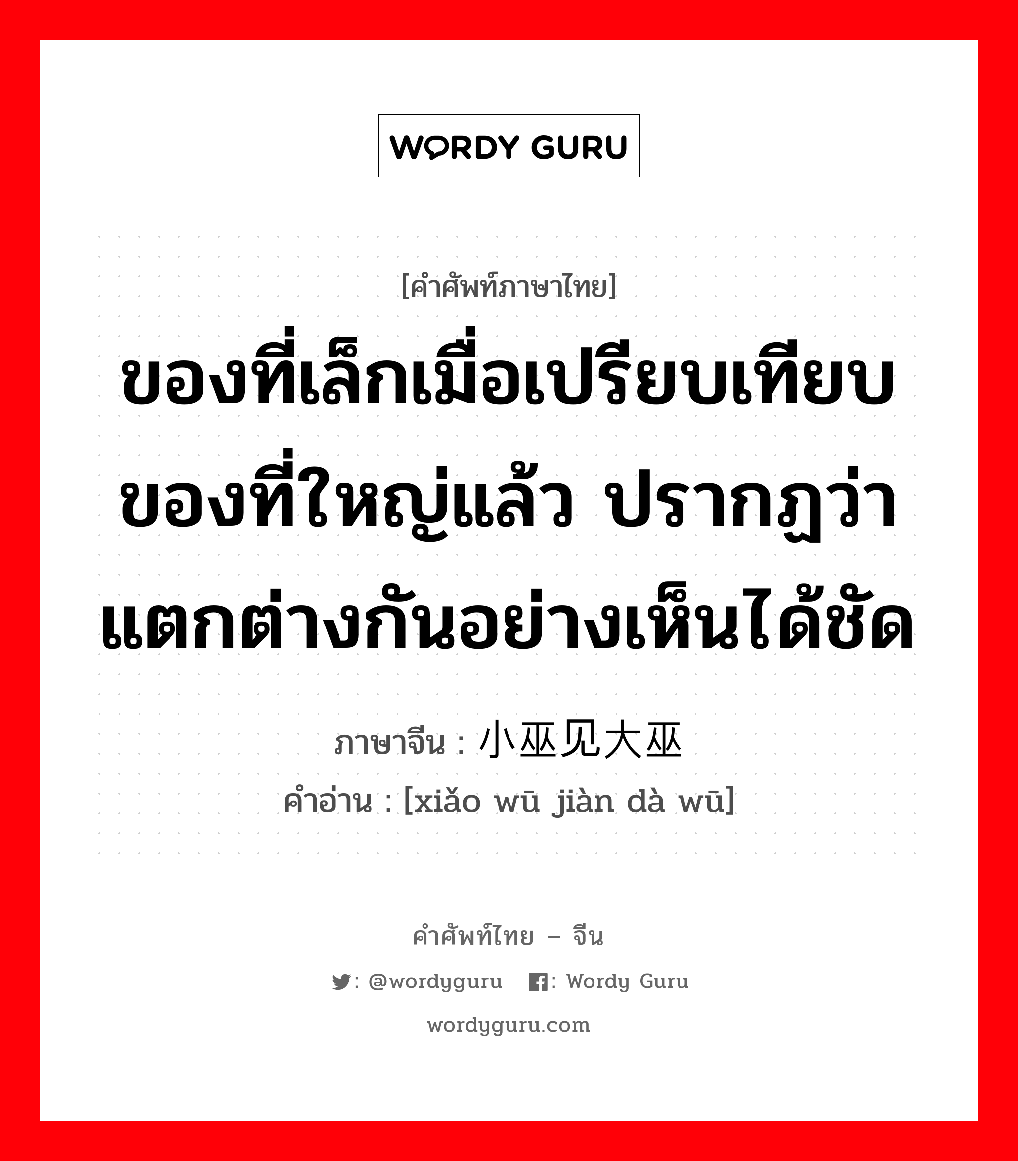 ของที่เล็กเมื่อเปรียบเทียบของที่ใหญ่แล้ว ปรากฏว่าแตกต่างกันอย่างเห็นได้ชัด ภาษาจีนคืออะไร, คำศัพท์ภาษาไทย - จีน ของที่เล็กเมื่อเปรียบเทียบของที่ใหญ่แล้ว ปรากฏว่าแตกต่างกันอย่างเห็นได้ชัด ภาษาจีน 小巫见大巫 คำอ่าน [xiǎo wū jiàn dà wū]