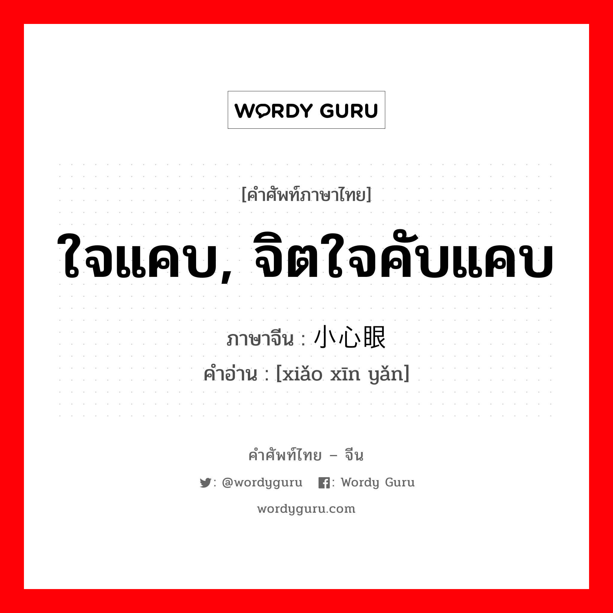 ใจแคบ, จิตใจคับแคบ ภาษาจีนคืออะไร, คำศัพท์ภาษาไทย - จีน ใจแคบ, จิตใจคับแคบ ภาษาจีน 小心眼 คำอ่าน [xiǎo xīn yǎn]