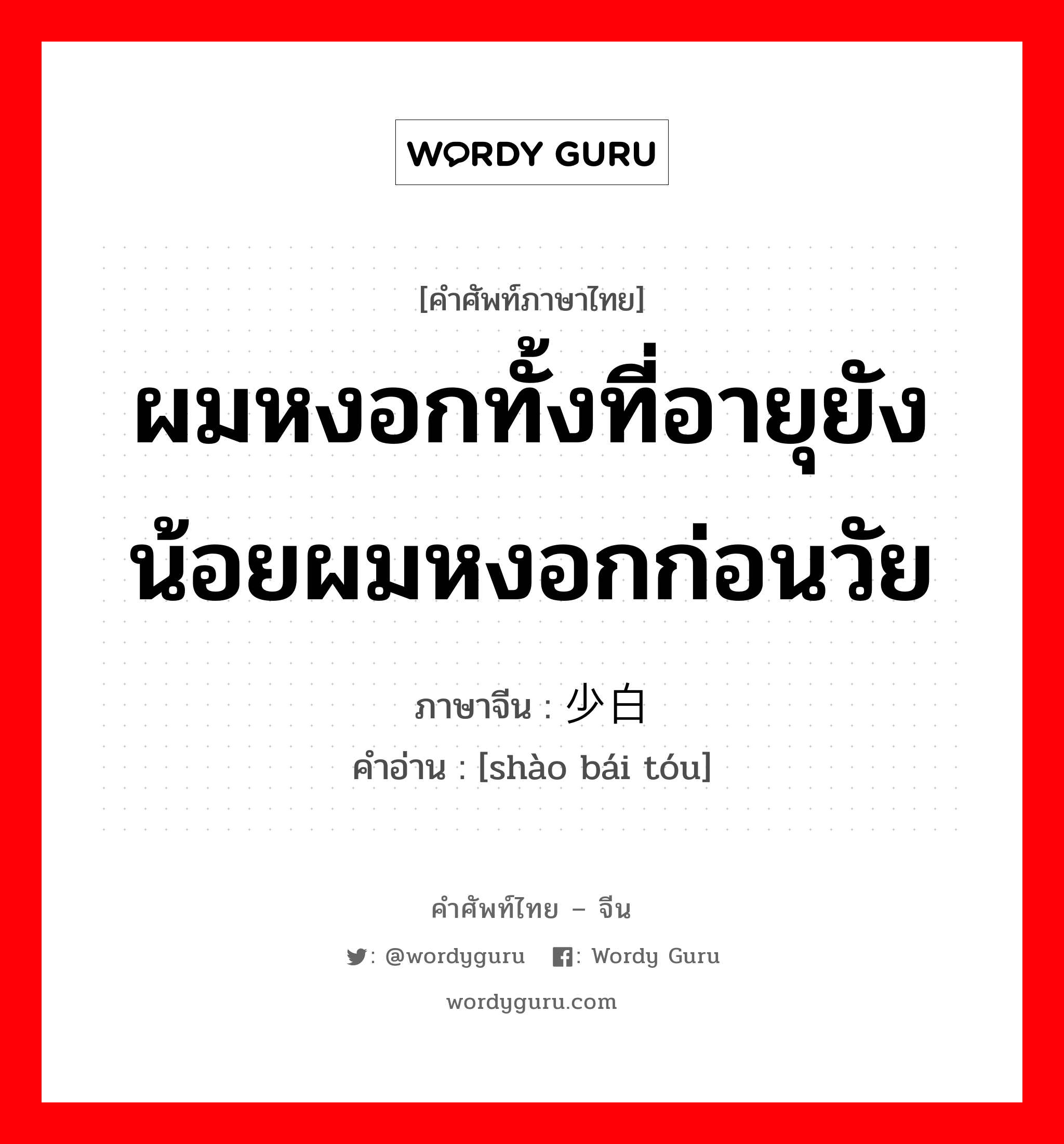 ผมหงอกทั้งที่อายุยังน้อยผมหงอกก่อนวัย ภาษาจีนคืออะไร, คำศัพท์ภาษาไทย - จีน ผมหงอกทั้งที่อายุยังน้อยผมหงอกก่อนวัย ภาษาจีน 少白头 คำอ่าน [shào bái tóu]