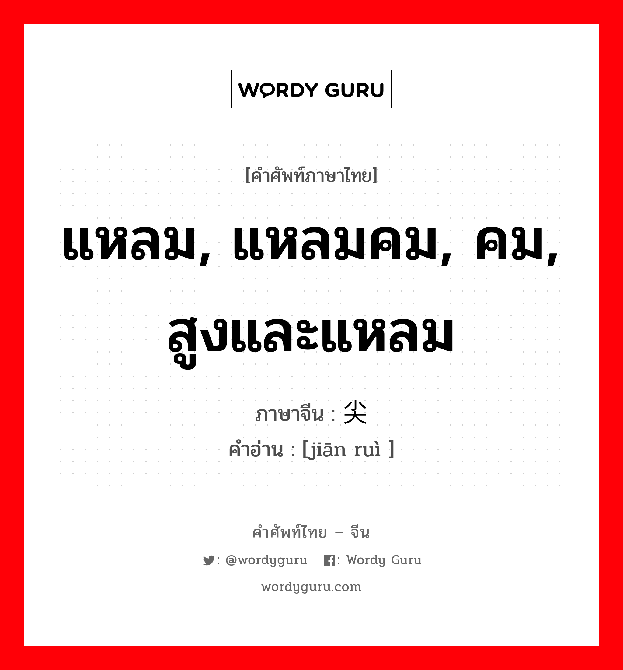 แหลม, แหลมคม, คม, สูงและแหลม ภาษาจีนคืออะไร, คำศัพท์ภาษาไทย - จีน แหลม, แหลมคม, คม, สูงและแหลม ภาษาจีน 尖锐 คำอ่าน [jiān ruì ]