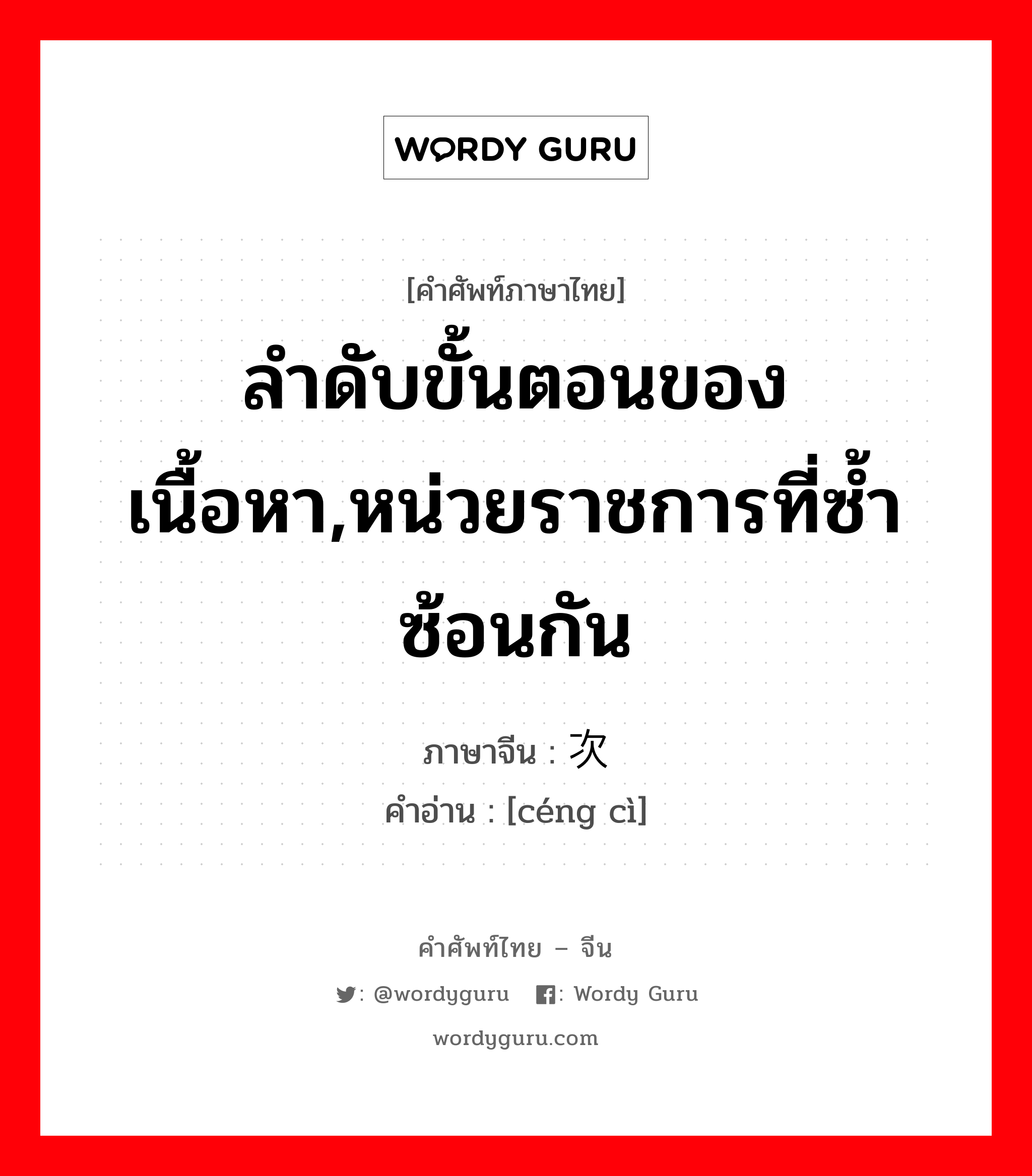 ลำดับขั้นตอนของเนื้อหา,หน่วยราชการที่ซ้ำซ้อนกัน ภาษาจีนคืออะไร, คำศัพท์ภาษาไทย - จีน ลำดับขั้นตอนของเนื้อหา,หน่วยราชการที่ซ้ำซ้อนกัน ภาษาจีน 层次 คำอ่าน [céng cì]