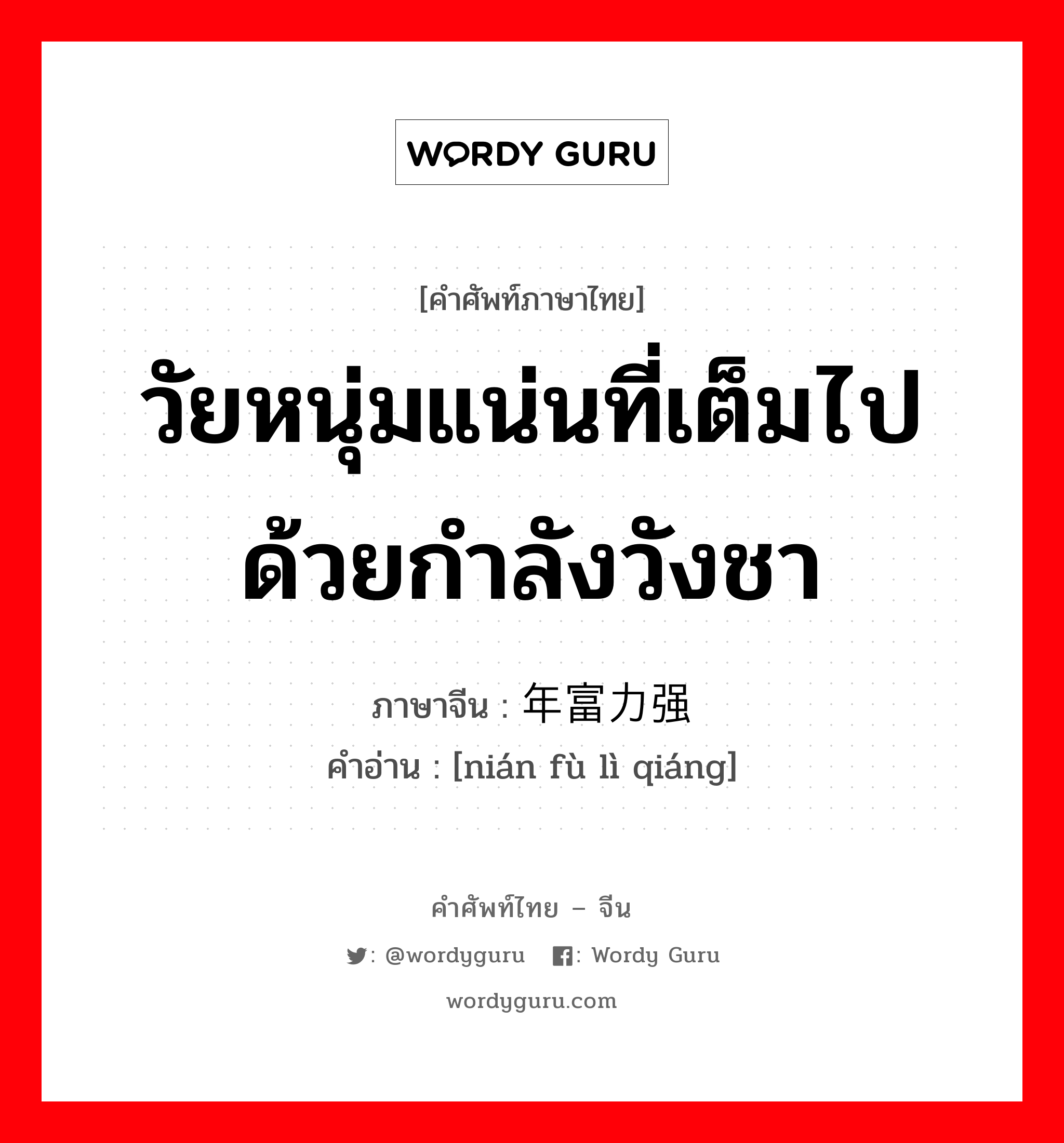 วัยหนุ่มแน่นที่เต็มไปด้วยกำลังวังชา ภาษาจีนคืออะไร, คำศัพท์ภาษาไทย - จีน วัยหนุ่มแน่นที่เต็มไปด้วยกำลังวังชา ภาษาจีน 年富力强 คำอ่าน [nián fù lì qiáng]