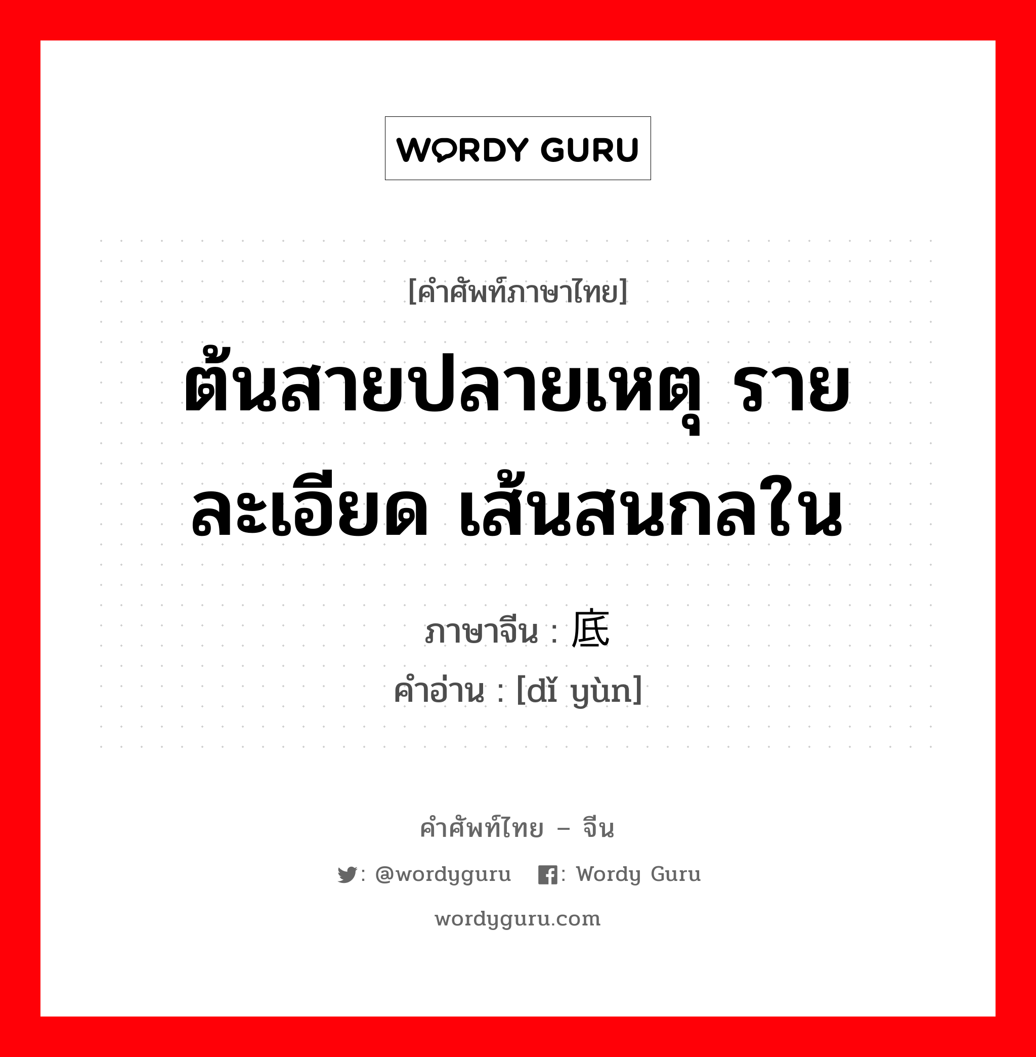 ต้นสายปลายเหตุ รายละเอียด เส้นสนกลใน ภาษาจีนคืออะไร, คำศัพท์ภาษาไทย - จีน ต้นสายปลายเหตุ รายละเอียด เส้นสนกลใน ภาษาจีน 底蕴 คำอ่าน [dǐ yùn]