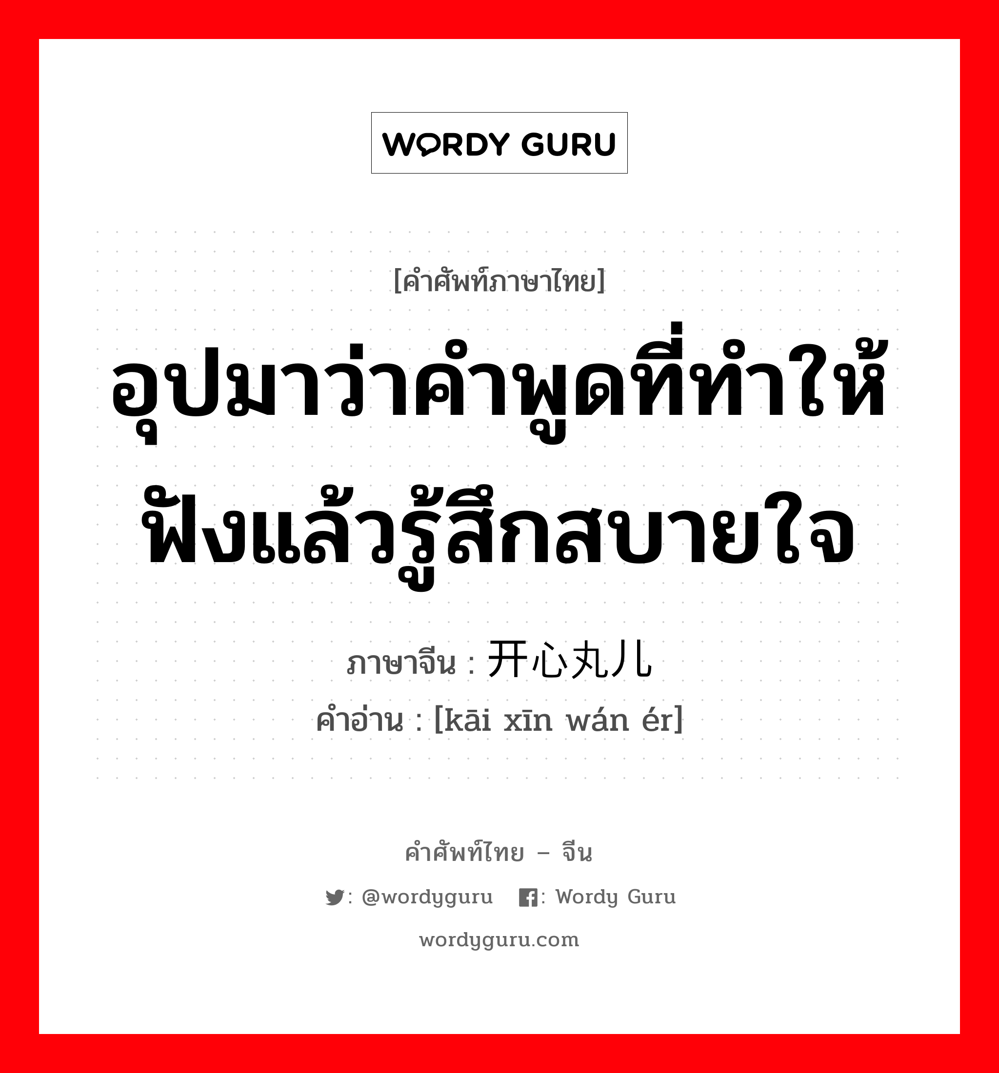 อุปมาว่าคำพูดที่ทำให้ฟังแล้วรู้สึกสบายใจ ภาษาจีนคืออะไร, คำศัพท์ภาษาไทย - จีน อุปมาว่าคำพูดที่ทำให้ฟังแล้วรู้สึกสบายใจ ภาษาจีน 开心丸儿 คำอ่าน [kāi xīn wán ér]