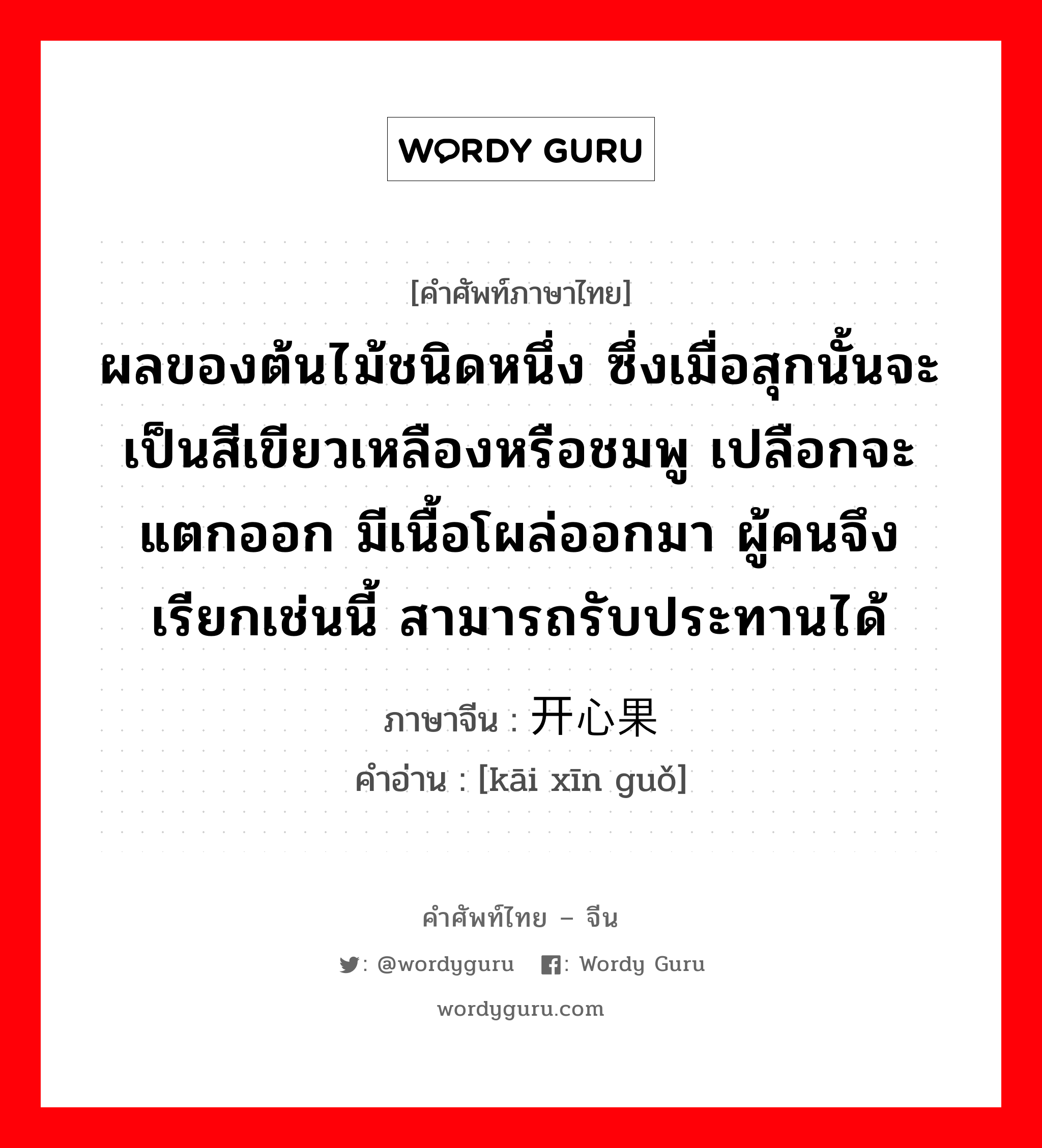 ผลของต้นไม้ชนิดหนึ่ง ซึ่งเมื่อสุกนั้นจะเป็นสีเขียวเหลืองหรือชมพู เปลือกจะแตกออก มีเนื้อโผล่ออกมา ผู้คนจึงเรียกเช่นนี้ สามารถรับประทานได้ ภาษาจีนคืออะไร, คำศัพท์ภาษาไทย - จีน ผลของต้นไม้ชนิดหนึ่ง ซึ่งเมื่อสุกนั้นจะเป็นสีเขียวเหลืองหรือชมพู เปลือกจะแตกออก มีเนื้อโผล่ออกมา ผู้คนจึงเรียกเช่นนี้ สามารถรับประทานได้ ภาษาจีน 开心果 คำอ่าน [kāi xīn guǒ]