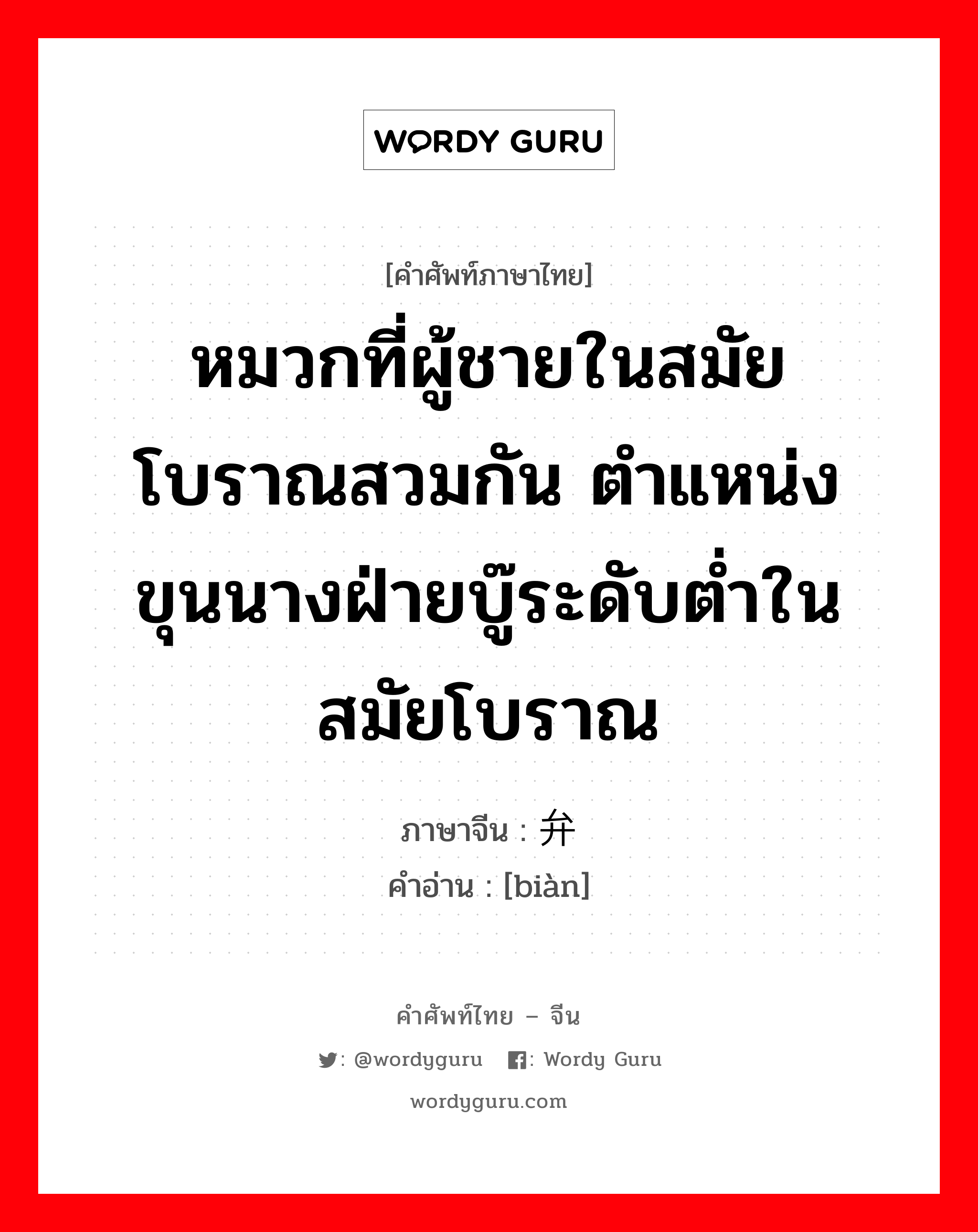 หมวกที่ผู้ชายในสมัยโบราณสวมกัน ตำแหน่งขุนนางฝ่ายบู๊ระดับต่ำในสมัยโบราณ ภาษาจีนคืออะไร, คำศัพท์ภาษาไทย - จีน หมวกที่ผู้ชายในสมัยโบราณสวมกัน ตำแหน่งขุนนางฝ่ายบู๊ระดับต่ำในสมัยโบราณ ภาษาจีน 弁 คำอ่าน [biàn]