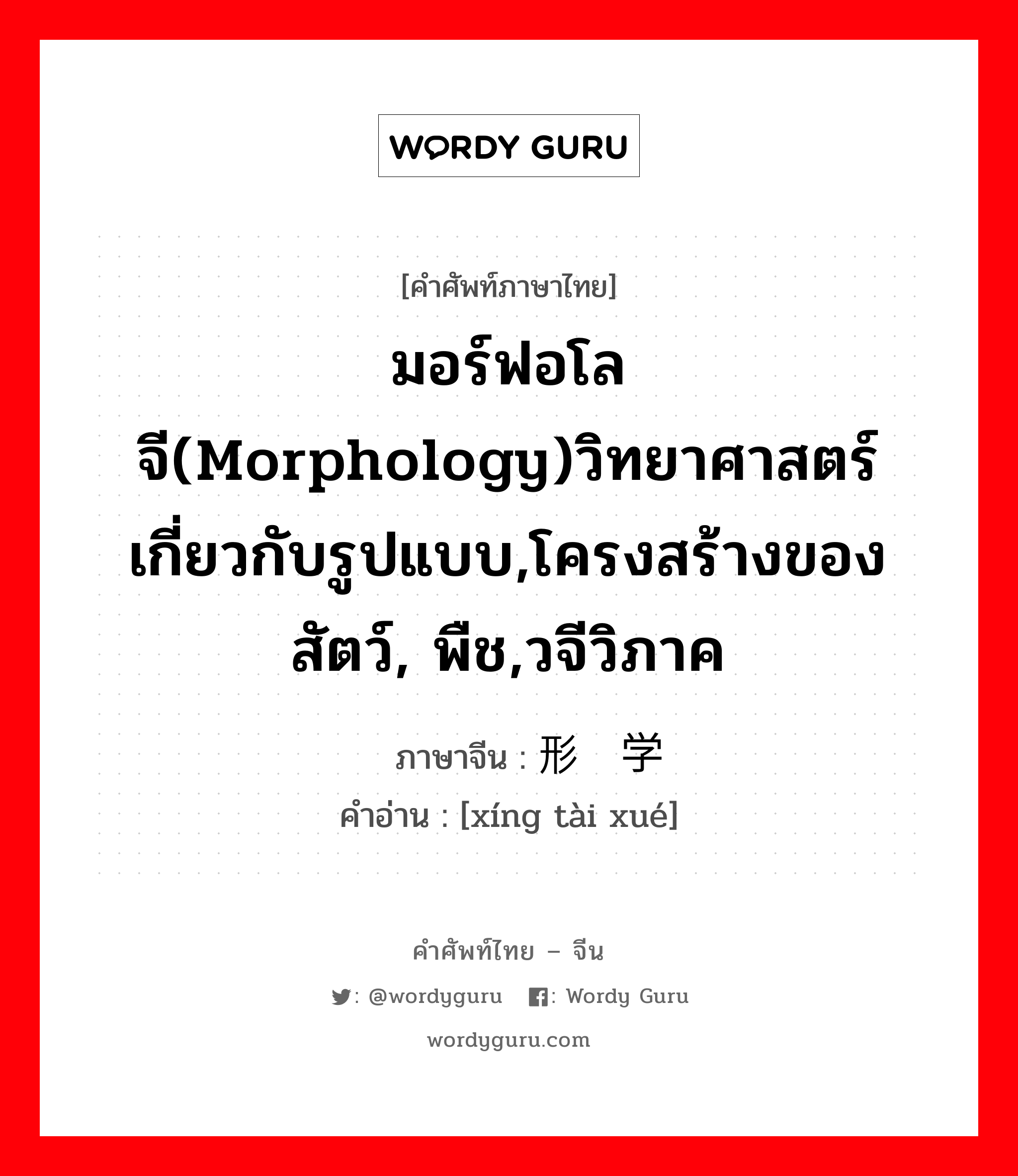 มอร์ฟอโลจี(morphology)วิทยาศาสตร์เกี่ยวกับรูปแบบ,โครงสร้างของสัตว์, พืช,วจีวิภาค ภาษาจีนคืออะไร, คำศัพท์ภาษาไทย - จีน มอร์ฟอโลจี(morphology)วิทยาศาสตร์เกี่ยวกับรูปแบบ,โครงสร้างของสัตว์, พืช,วจีวิภาค ภาษาจีน 形态学 คำอ่าน [xíng tài xué]