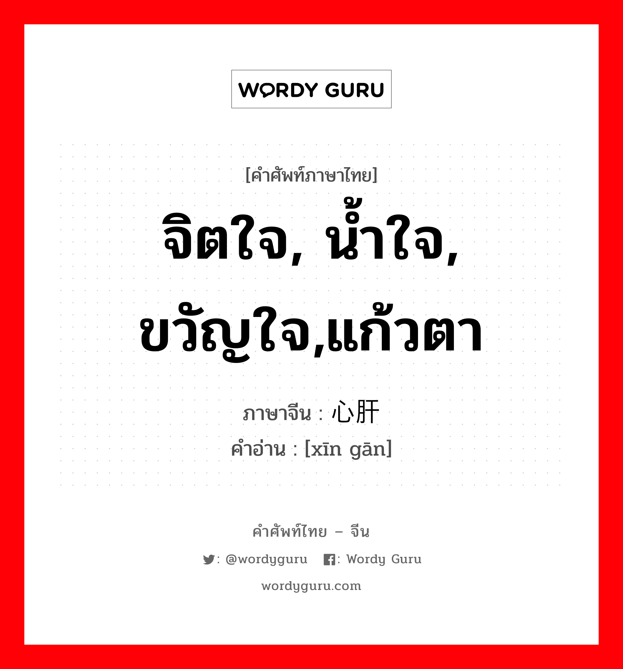 จิตใจ, น้ำใจ, ขวัญใจ,แก้วตา ภาษาจีนคืออะไร, คำศัพท์ภาษาไทย - จีน จิตใจ, น้ำใจ, ขวัญใจ,แก้วตา ภาษาจีน 心肝 คำอ่าน [xīn gān]