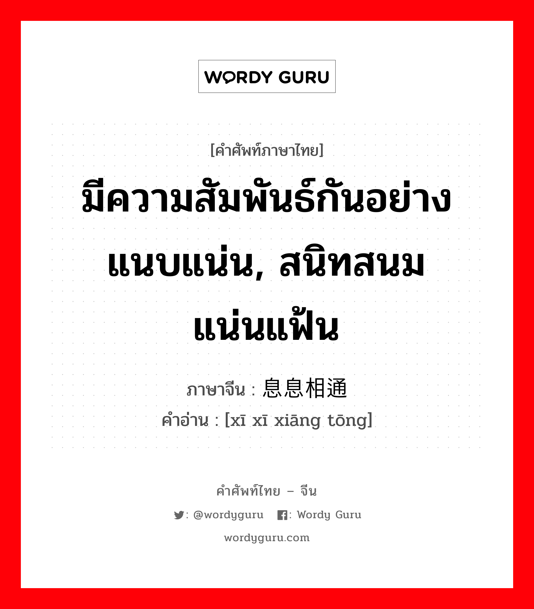 มีความสัมพันธ์กันอย่างแนบแน่น, สนิทสนมแน่นแฟ้น ภาษาจีนคืออะไร, คำศัพท์ภาษาไทย - จีน มีความสัมพันธ์กันอย่างแนบแน่น, สนิทสนมแน่นแฟ้น ภาษาจีน 息息相通 คำอ่าน [xī xī xiāng tōng]