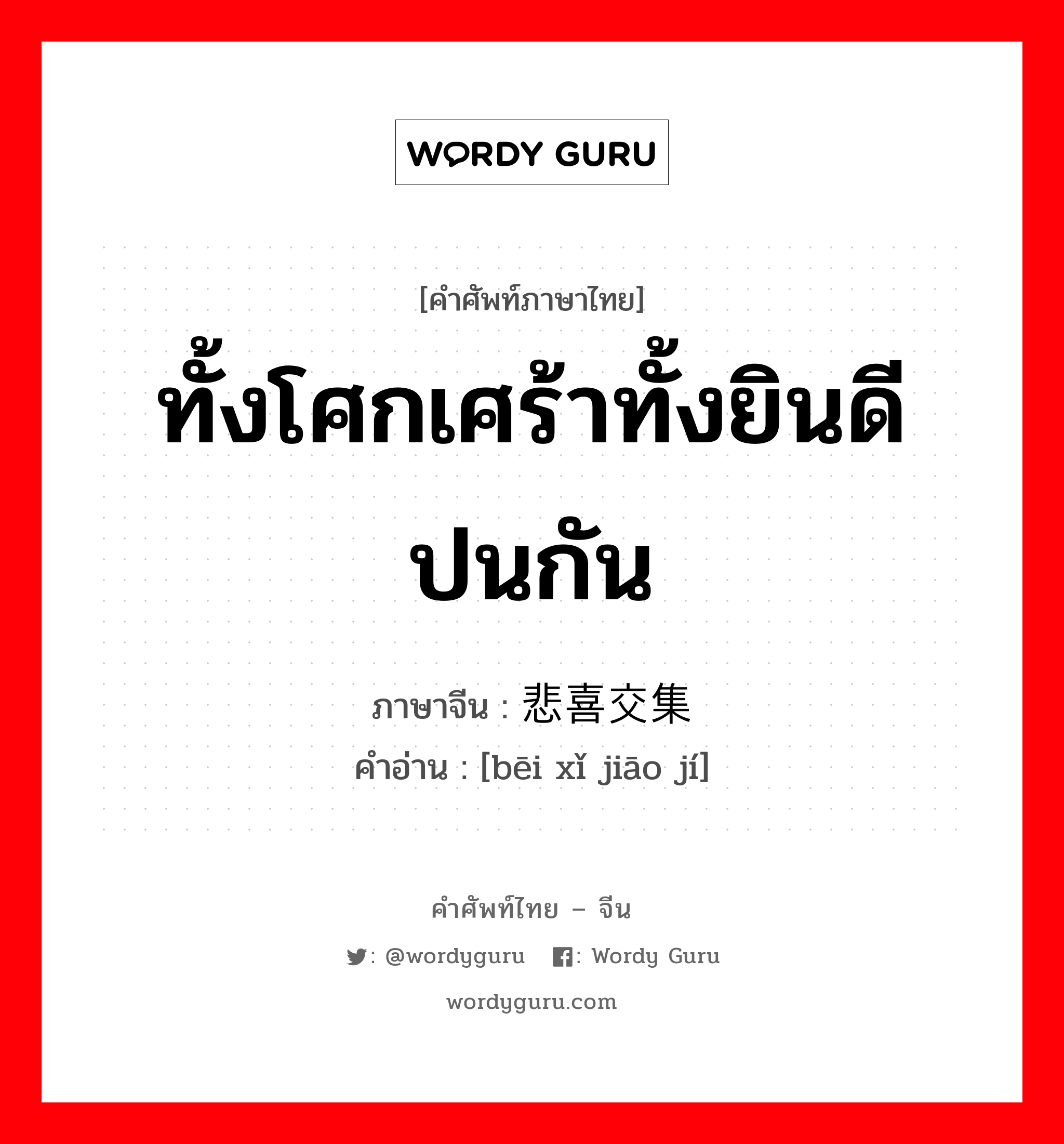 ทั้งโศกเศร้าทั้งยินดีปนกัน ภาษาจีนคืออะไร, คำศัพท์ภาษาไทย - จีน ทั้งโศกเศร้าทั้งยินดีปนกัน ภาษาจีน 悲喜交集 คำอ่าน [bēi xǐ jiāo jí]