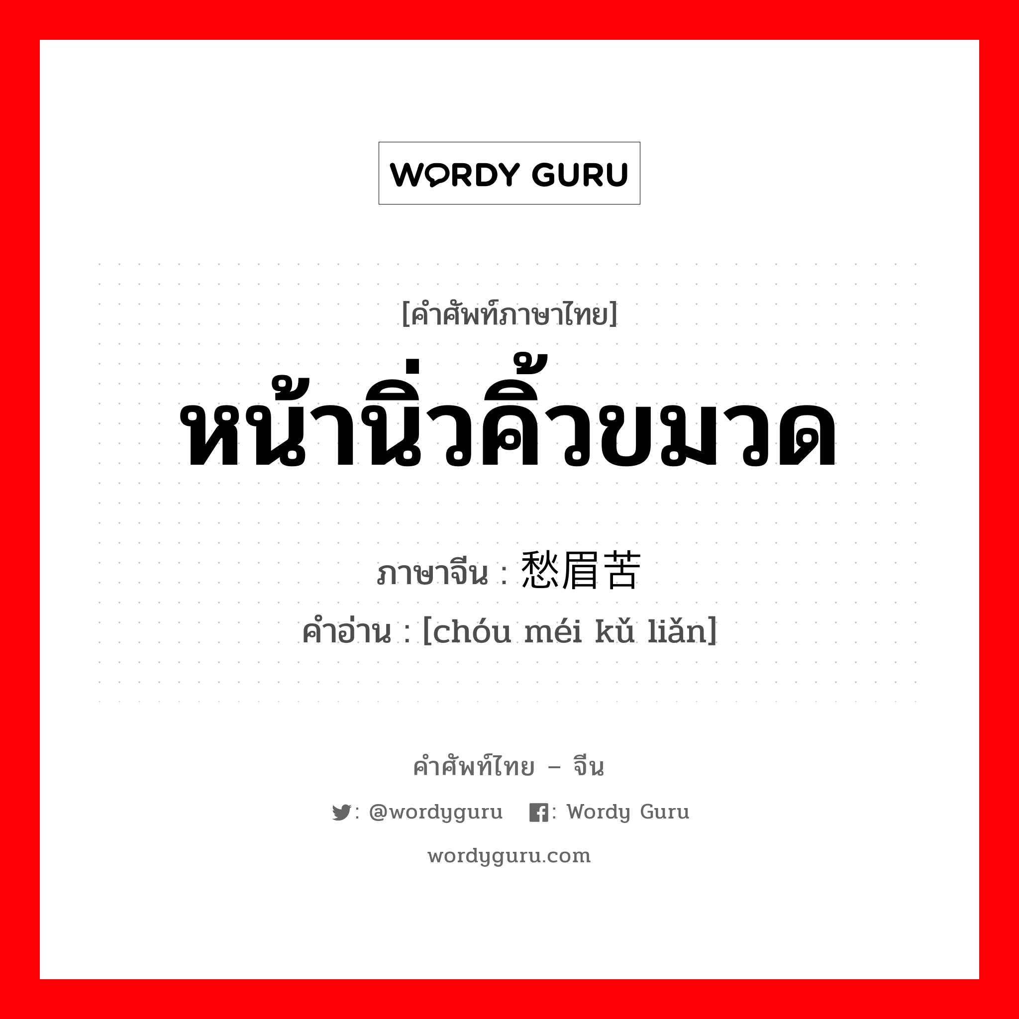 หน้านิ่วคิ้วขมวด ภาษาจีนคืออะไร, คำศัพท์ภาษาไทย - จีน หน้านิ่วคิ้วขมวด ภาษาจีน 愁眉苦脸 คำอ่าน [chóu méi kǔ liǎn]