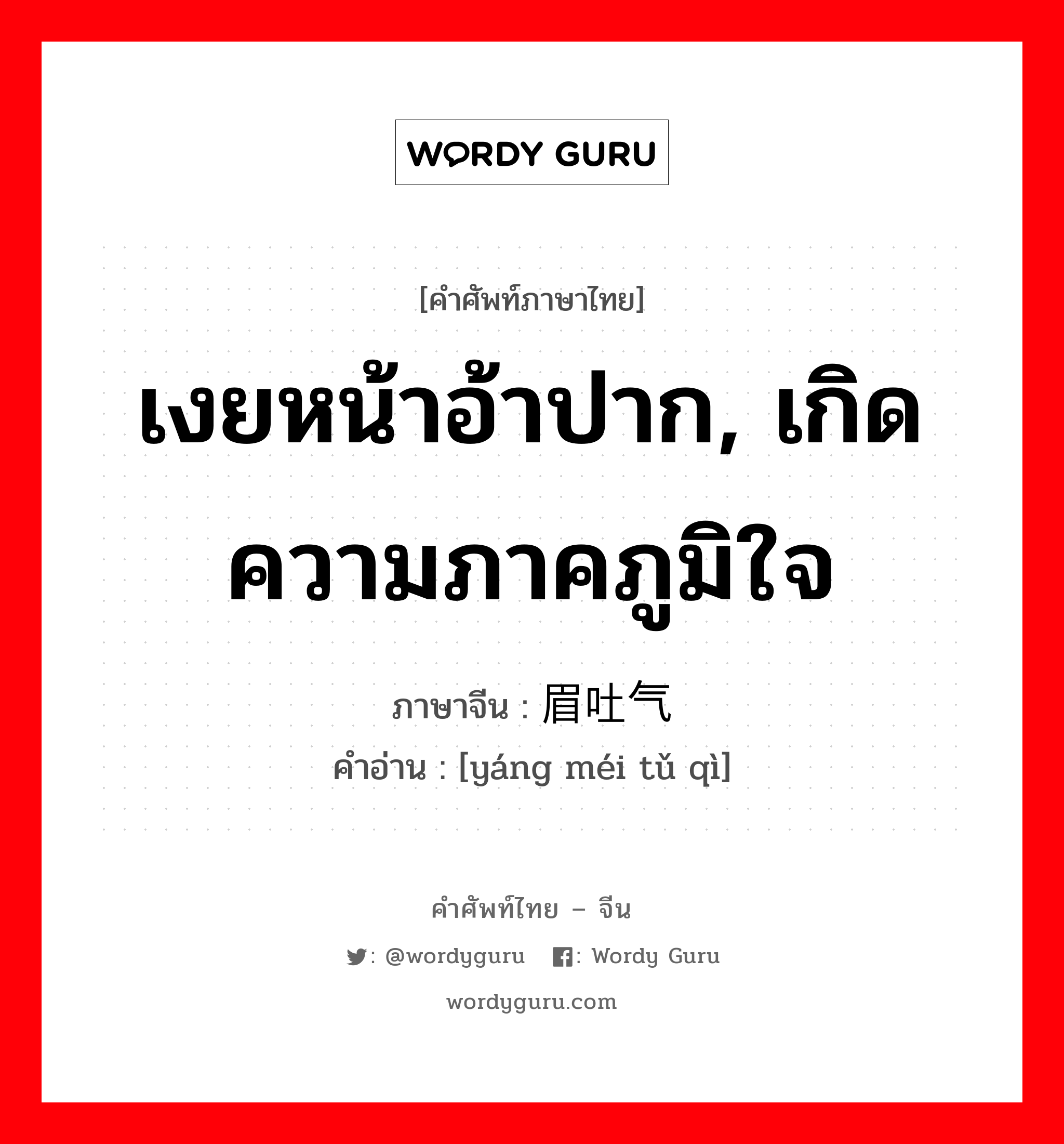 เงยหน้าอ้าปาก, เกิดความภาคภูมิใจ ภาษาจีนคืออะไร, คำศัพท์ภาษาไทย - จีน เงยหน้าอ้าปาก, เกิดความภาคภูมิใจ ภาษาจีน 扬眉吐气 คำอ่าน [yáng méi tǔ qì]