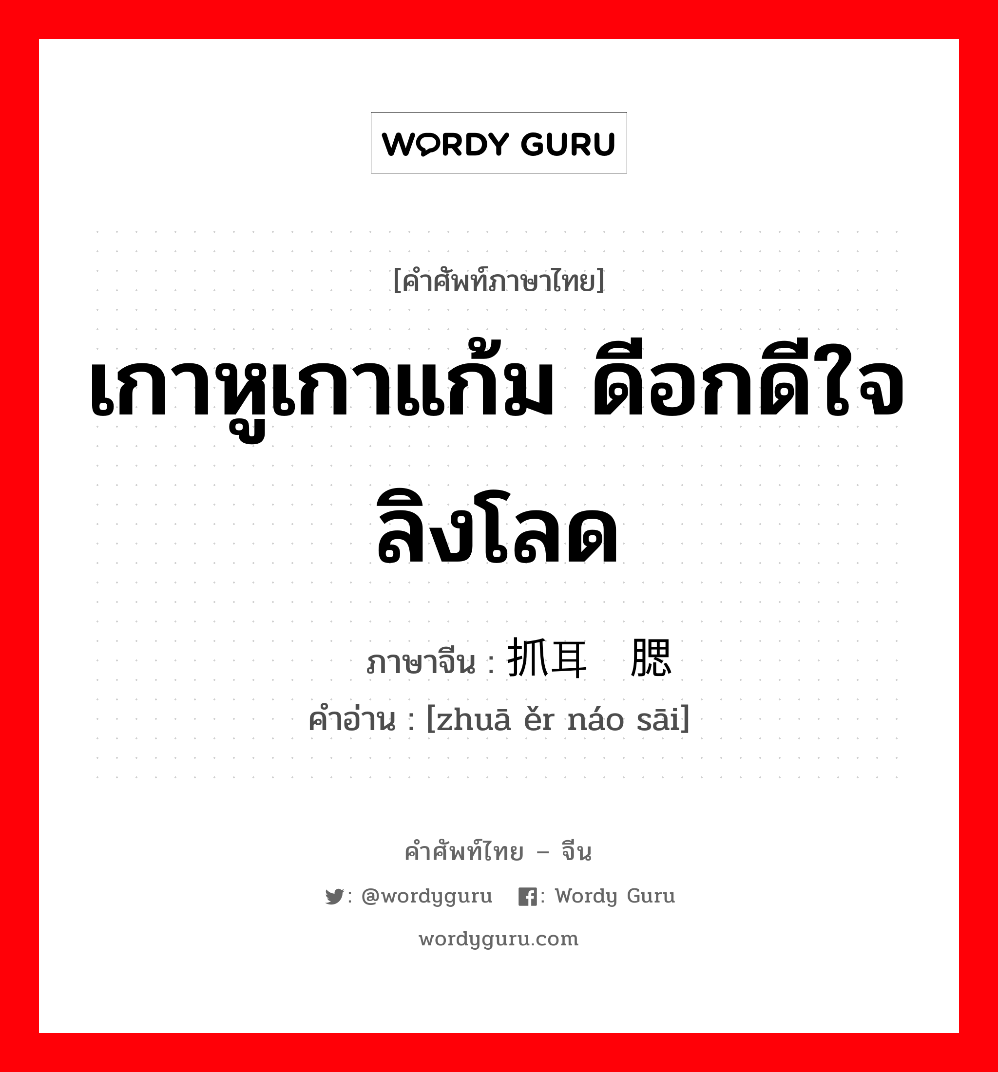 เกาหูเกาแก้ม ดีอกดีใจ ลิงโลด ภาษาจีนคืออะไร, คำศัพท์ภาษาไทย - จีน เกาหูเกาแก้ม ดีอกดีใจ ลิงโลด ภาษาจีน 抓耳挠腮 คำอ่าน [zhuā ěr náo sāi]