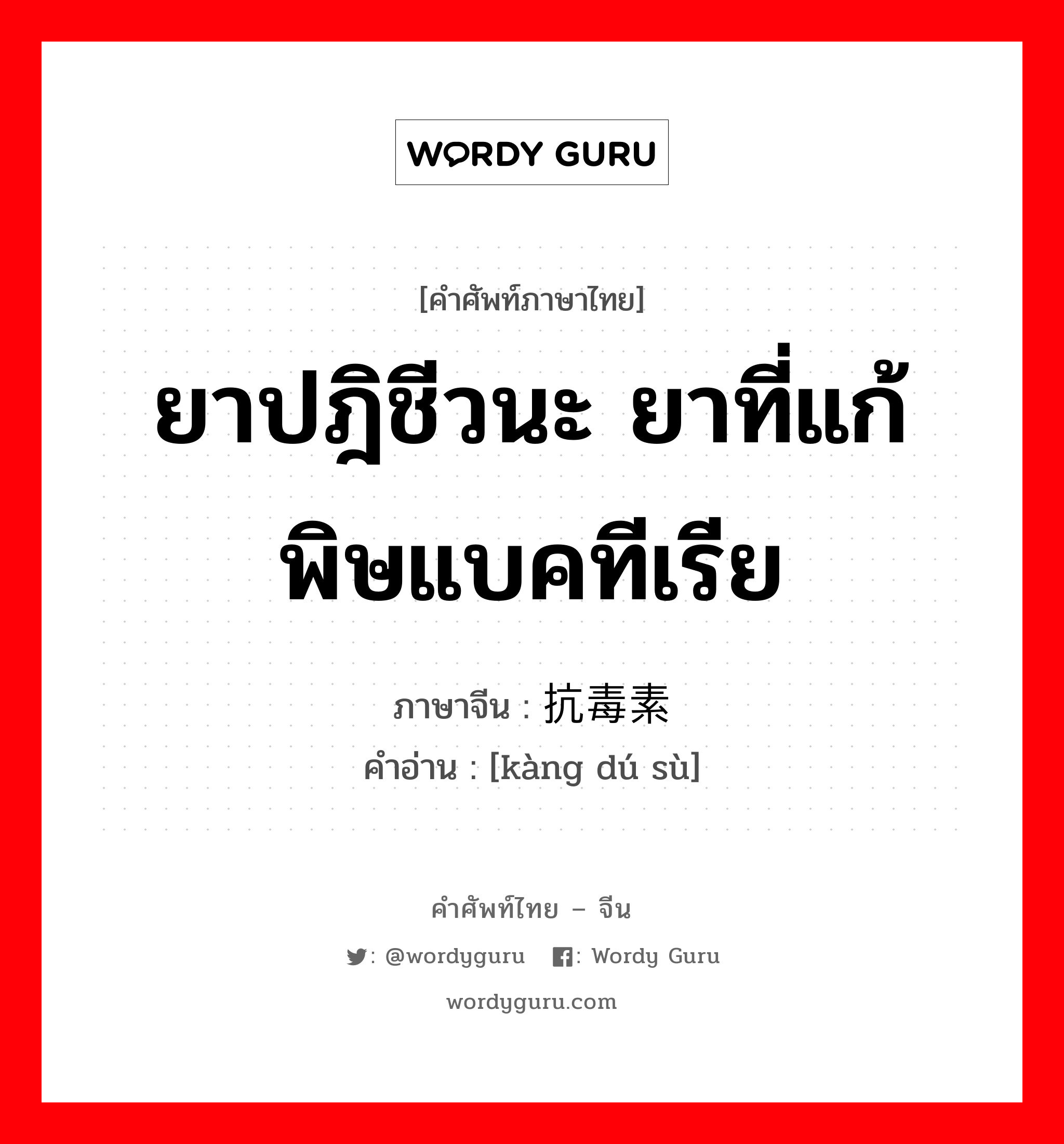 ยาปฎิชีวนะ ยาที่แก้พิษแบคทีเรีย ภาษาจีนคืออะไร, คำศัพท์ภาษาไทย - จีน ยาปฎิชีวนะ ยาที่แก้พิษแบคทีเรีย ภาษาจีน 抗毒素 คำอ่าน [kàng dú sù]