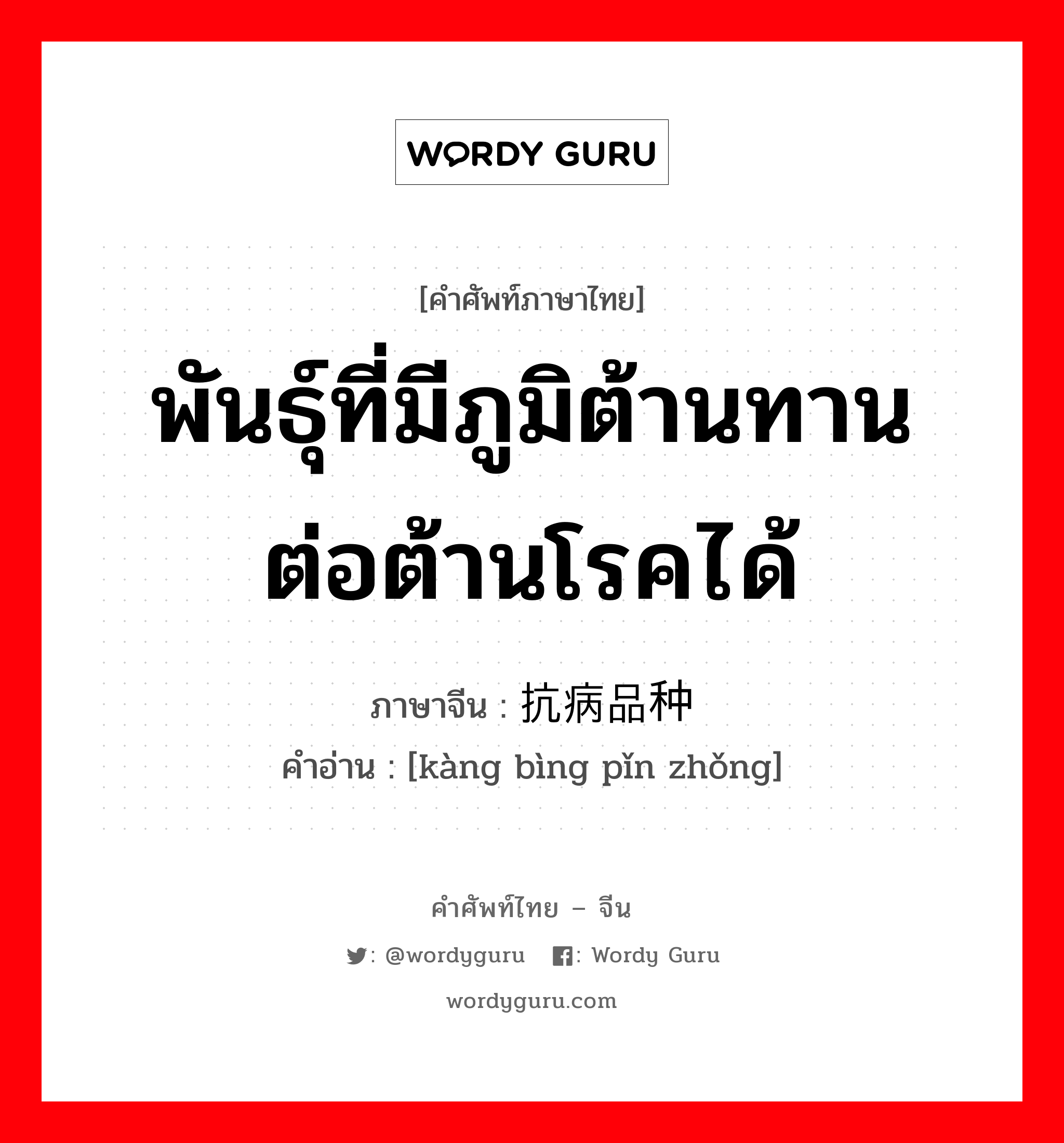 พันธุ์ที่มีภูมิต้านทานต่อต้านโรคได้ ภาษาจีนคืออะไร, คำศัพท์ภาษาไทย - จีน พันธุ์ที่มีภูมิต้านทานต่อต้านโรคได้ ภาษาจีน 抗病品种 คำอ่าน [kàng bìng pǐn zhǒng]