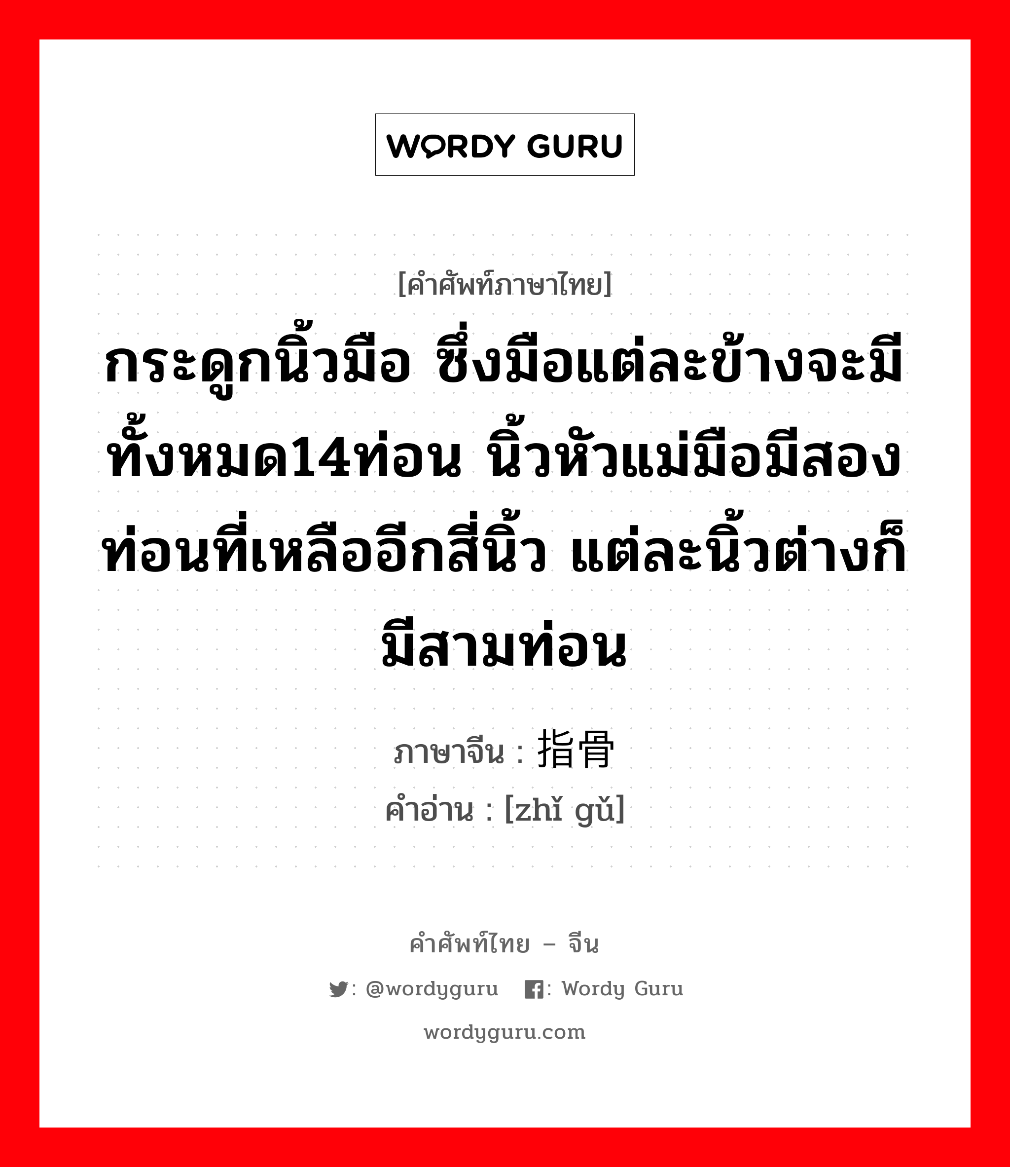 กระดูกนิ้วมือ ซึ่งมือแต่ละข้างจะมีทั้งหมด14ท่อน นิ้วหัวแม่มือมีสองท่อนที่เหลืออีกสี่นิ้ว แต่ละนิ้วต่างก็มีสามท่อน ภาษาจีนคืออะไร, คำศัพท์ภาษาไทย - จีน กระดูกนิ้วมือ ซึ่งมือแต่ละข้างจะมีทั้งหมด14ท่อน นิ้วหัวแม่มือมีสองท่อนที่เหลืออีกสี่นิ้ว แต่ละนิ้วต่างก็มีสามท่อน ภาษาจีน 指骨 คำอ่าน [zhǐ gǔ]