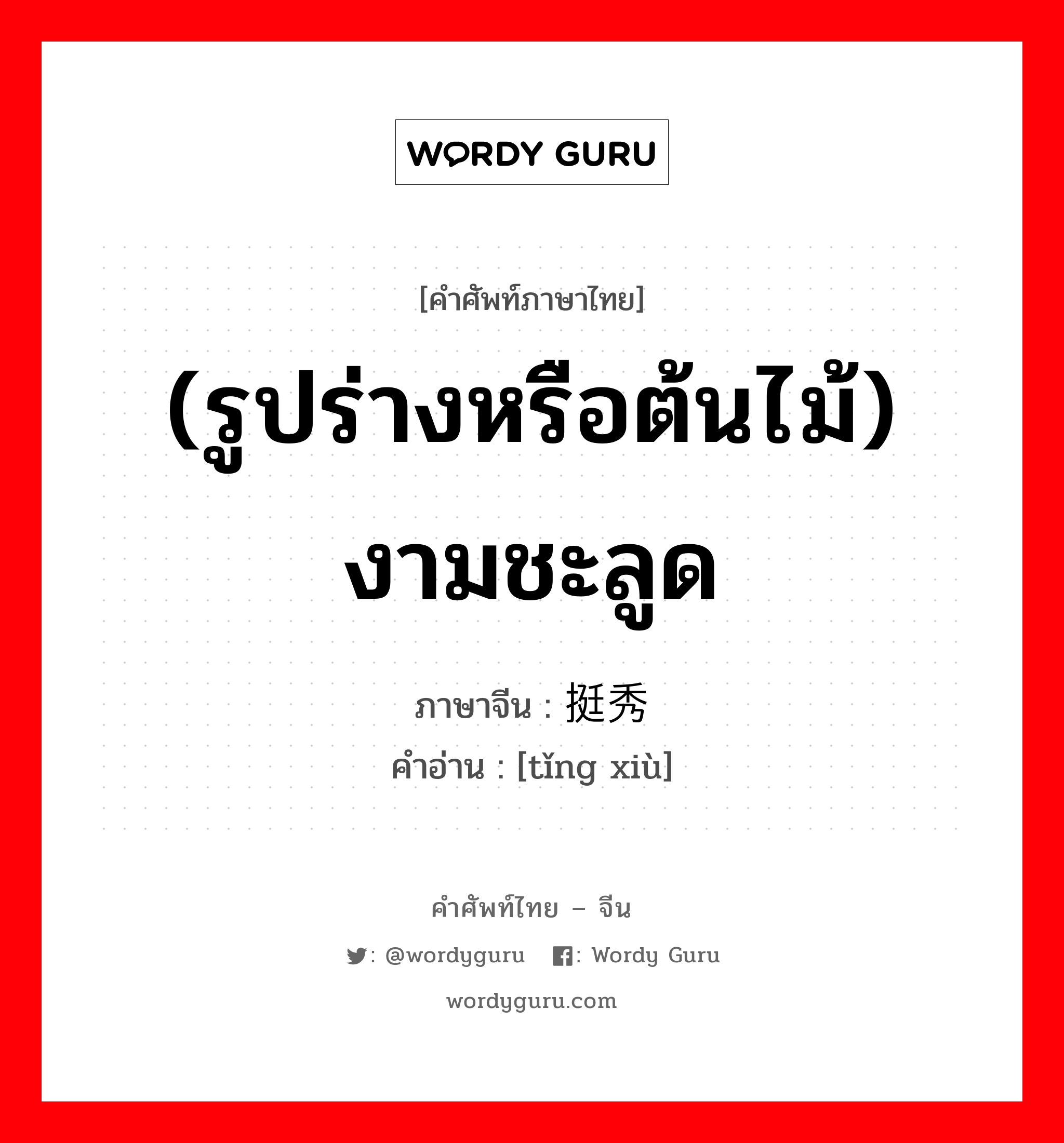 (รูปร่างหรือต้นไม้) งามชะลูด ภาษาจีนคืออะไร, คำศัพท์ภาษาไทย - จีน (รูปร่างหรือต้นไม้) งามชะลูด ภาษาจีน 挺秀 คำอ่าน [tǐng xiù]