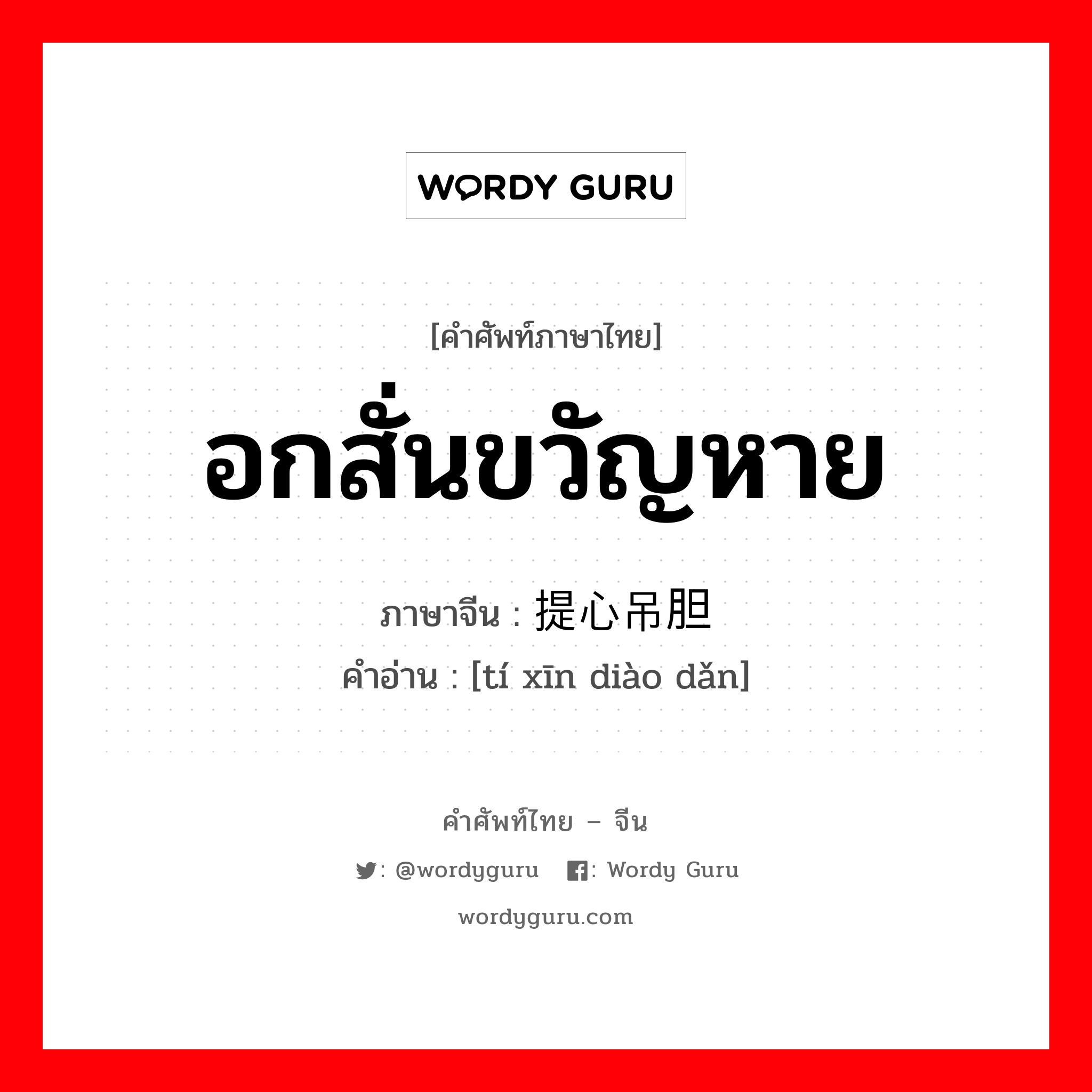 อกสั่นขวัญหาย ภาษาจีนคืออะไร, คำศัพท์ภาษาไทย - จีน อกสั่นขวัญหาย ภาษาจีน 提心吊胆 คำอ่าน [tí xīn diào dǎn]