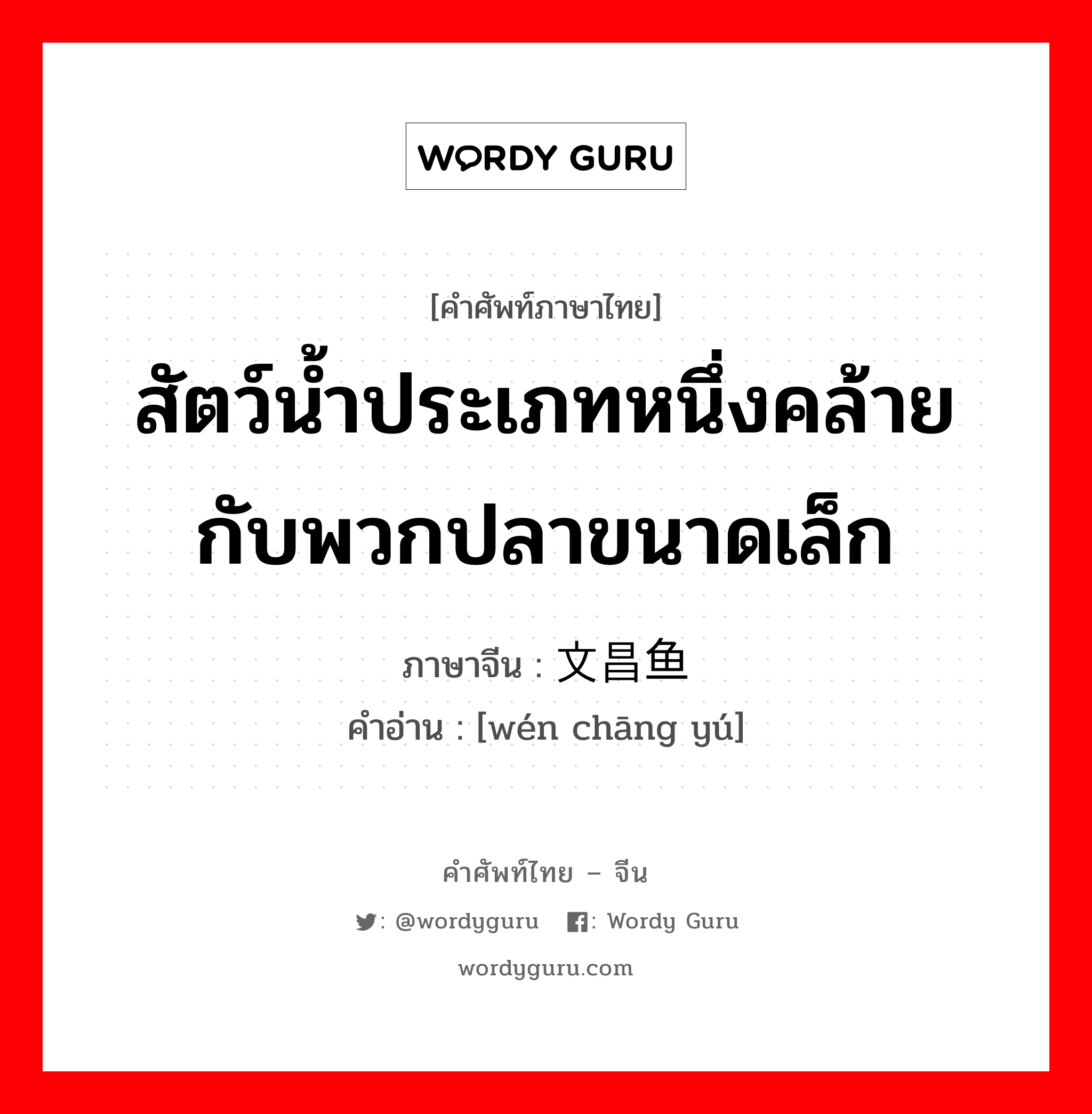 สัตว์น้ำประเภทหนึ่งคล้ายกับพวกปลาขนาดเล็ก ภาษาจีนคืออะไร, คำศัพท์ภาษาไทย - จีน สัตว์น้ำประเภทหนึ่งคล้ายกับพวกปลาขนาดเล็ก ภาษาจีน 文昌鱼 คำอ่าน [wén chāng yú]