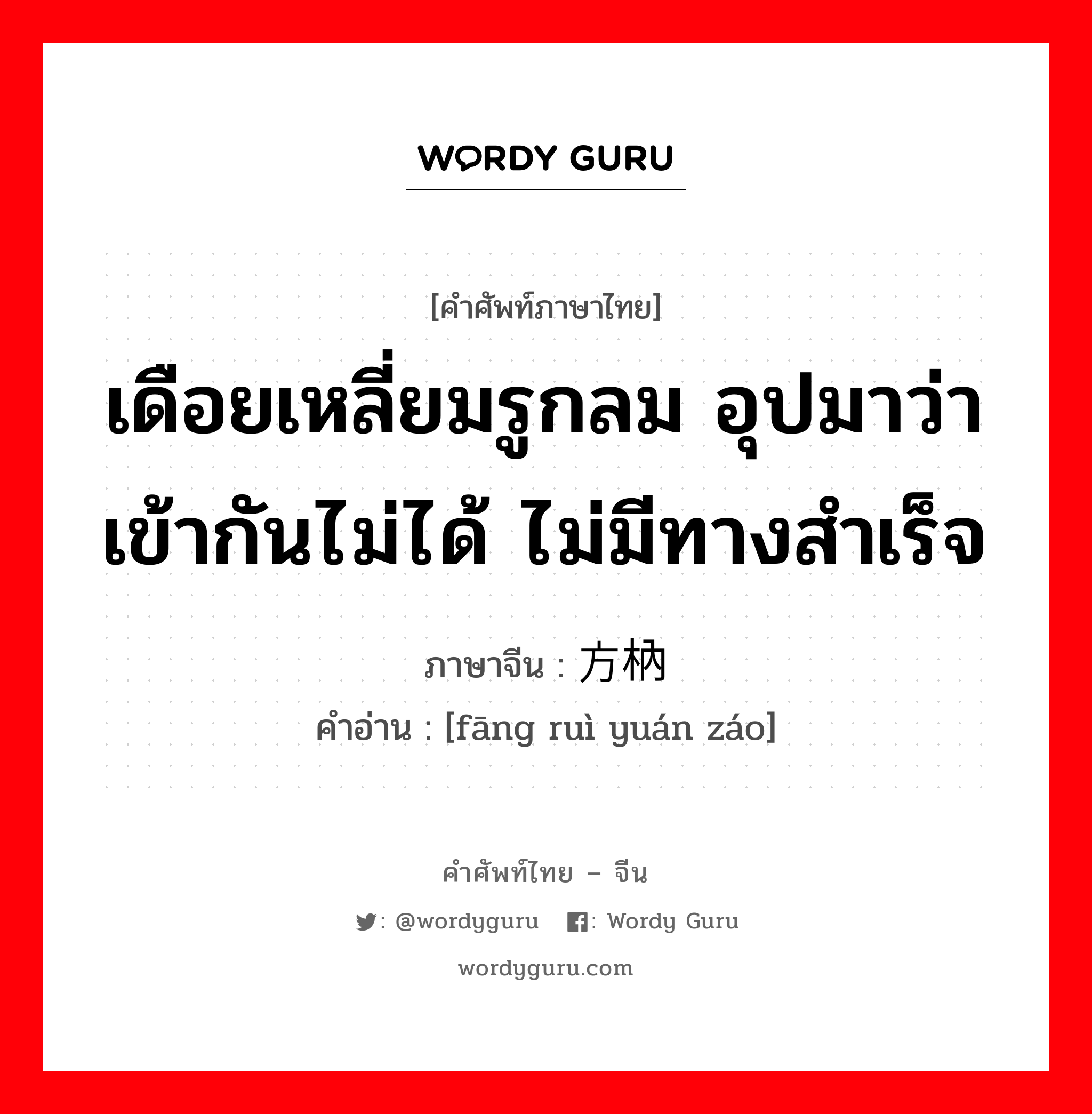 เดือยเหลี่ยมรูกลม อุปมาว่าเข้ากันไม่ได้ ไม่มีทางสำเร็จ ภาษาจีนคืออะไร, คำศัพท์ภาษาไทย - จีน เดือยเหลี่ยมรูกลม อุปมาว่าเข้ากันไม่ได้ ไม่มีทางสำเร็จ ภาษาจีน 方枘圆凿 คำอ่าน [fāng ruì yuán záo]