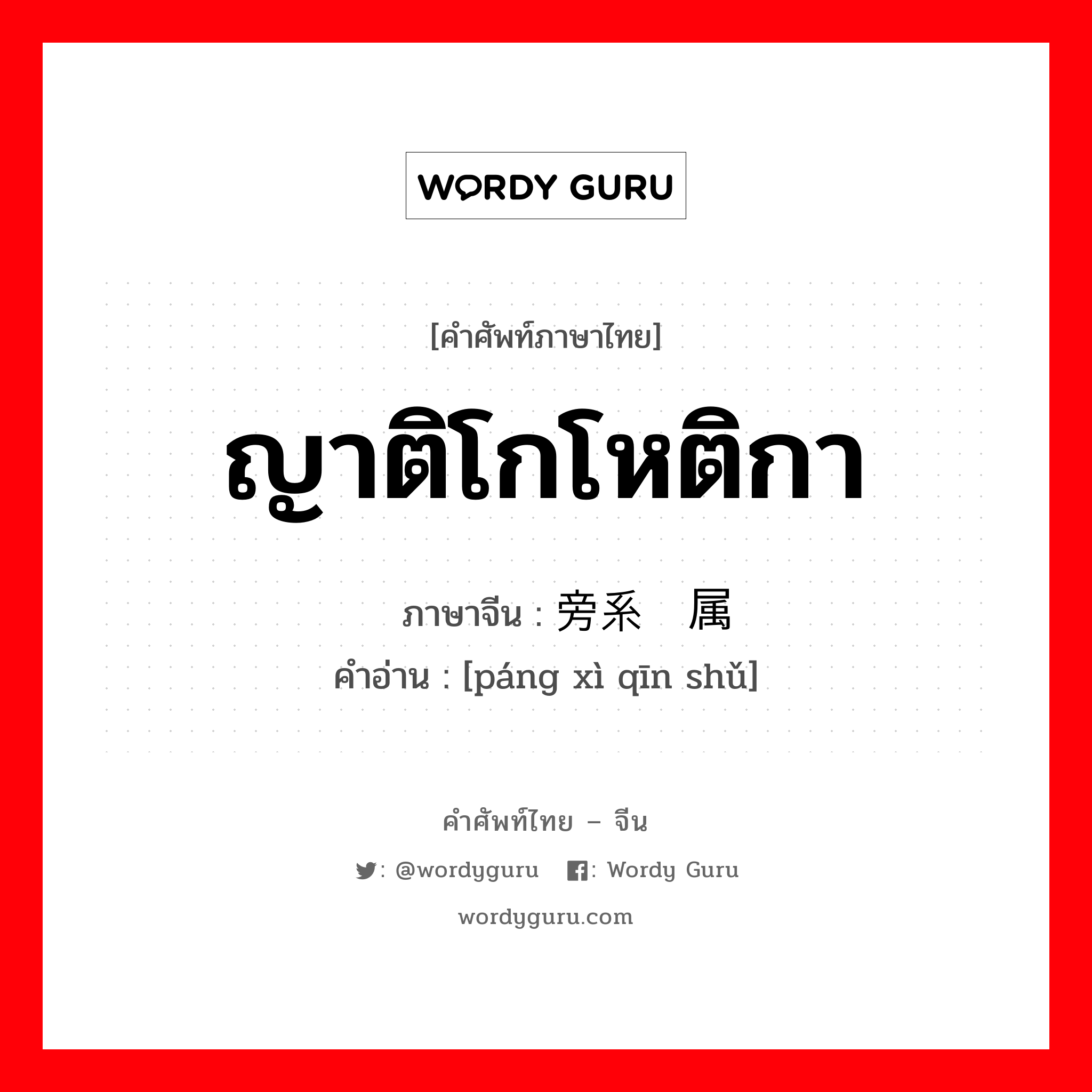 ญาติโกโหติกา ภาษาจีนคืออะไร, คำศัพท์ภาษาไทย - จีน ญาติโกโหติกา ภาษาจีน 旁系亲属 คำอ่าน [páng xì qīn shǔ]