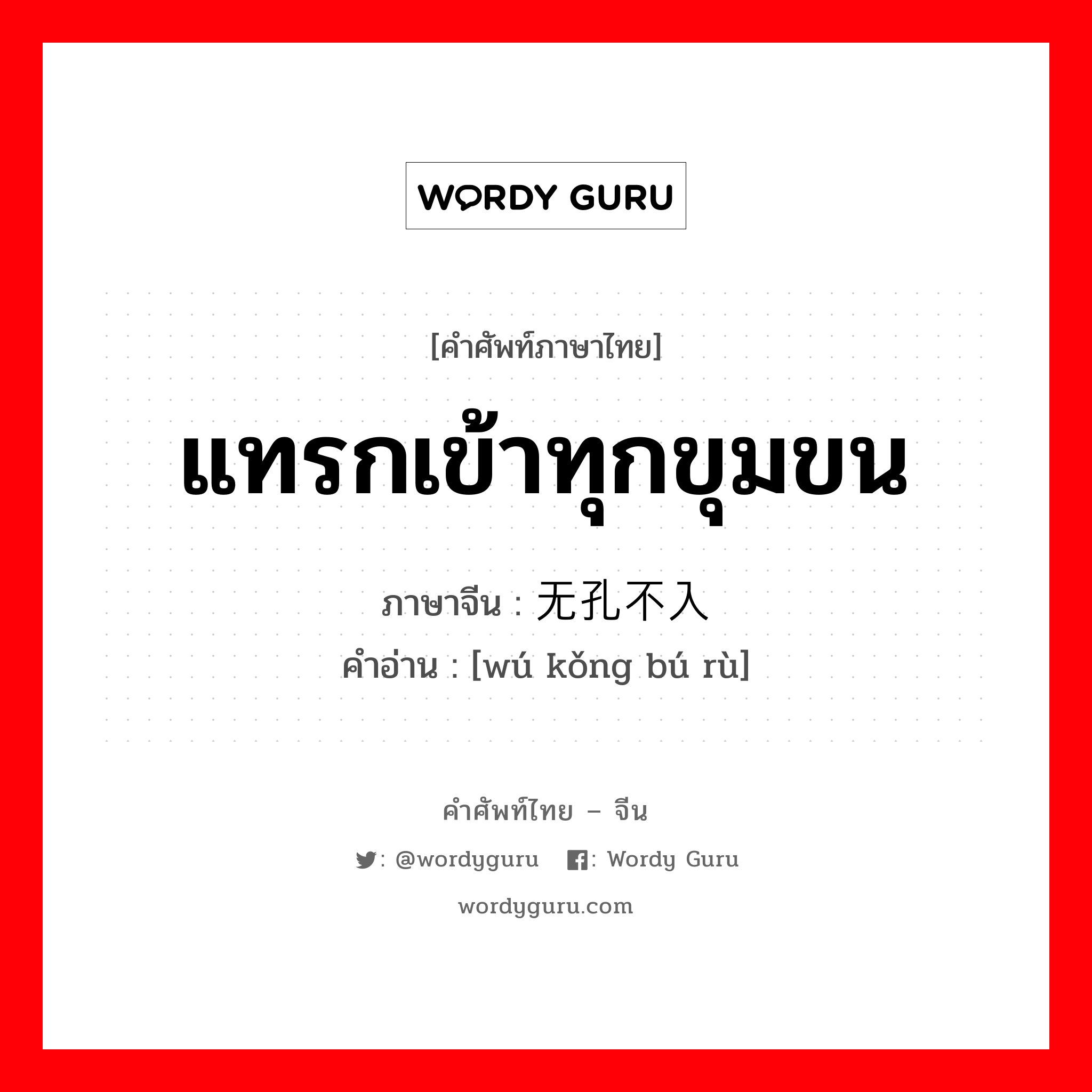 แทรกเข้าทุกขุมขน ภาษาจีนคืออะไร, คำศัพท์ภาษาไทย - จีน แทรกเข้าทุกขุมขน ภาษาจีน 无孔不入 คำอ่าน [wú kǒng bú rù]