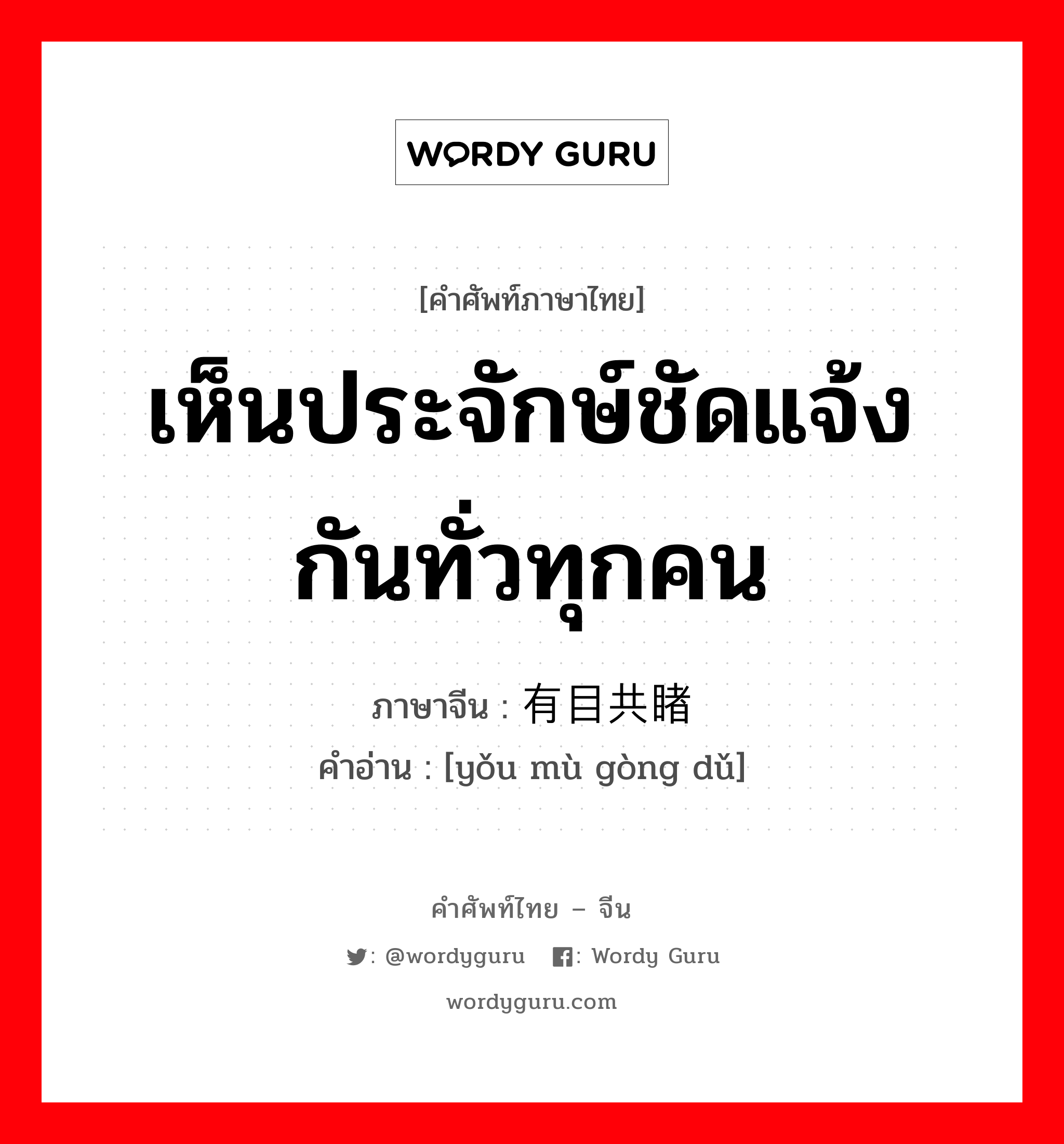 เห็นประจักษ์ชัดแจ้งกันทั่วทุกคน ภาษาจีนคืออะไร, คำศัพท์ภาษาไทย - จีน เห็นประจักษ์ชัดแจ้งกันทั่วทุกคน ภาษาจีน 有目共睹 คำอ่าน [yǒu mù gòng dǔ]