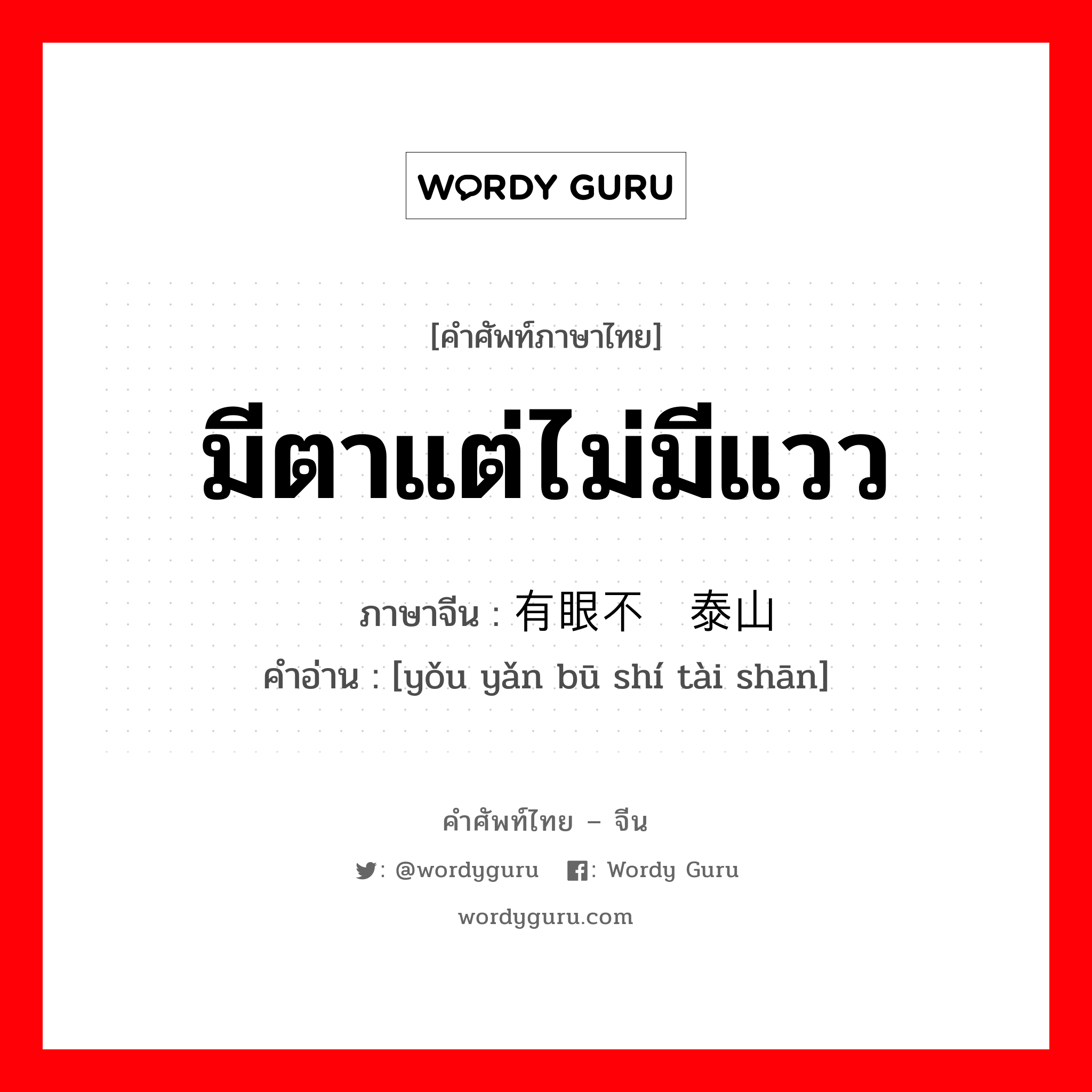 มีตาแต่ไม่มีแวว ภาษาจีนคืออะไร, คำศัพท์ภาษาไทย - จีน มีตาแต่ไม่มีแวว ภาษาจีน 有眼不识泰山 คำอ่าน [yǒu yǎn bū shí tài shān]