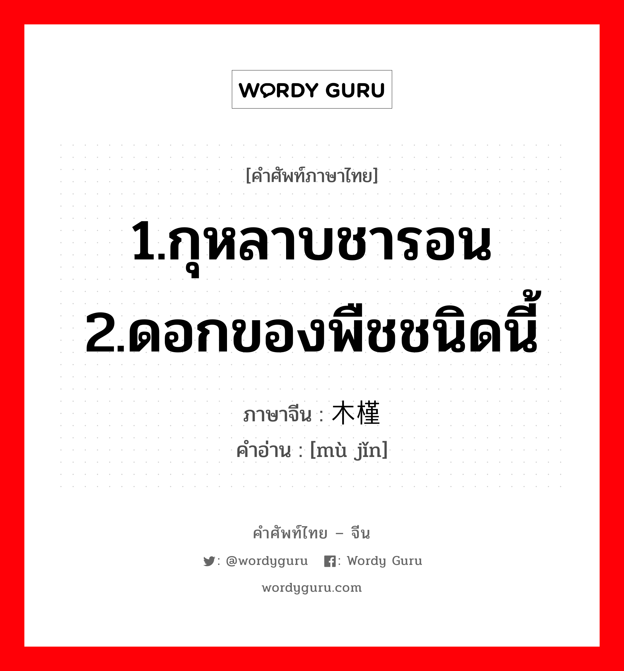 1.กุหลาบชารอน 2.ดอกของพืชชนิดนี้ ภาษาจีนคืออะไร, คำศัพท์ภาษาไทย - จีน 1.กุหลาบชารอน 2.ดอกของพืชชนิดนี้ ภาษาจีน 木槿 คำอ่าน [mù jǐn]