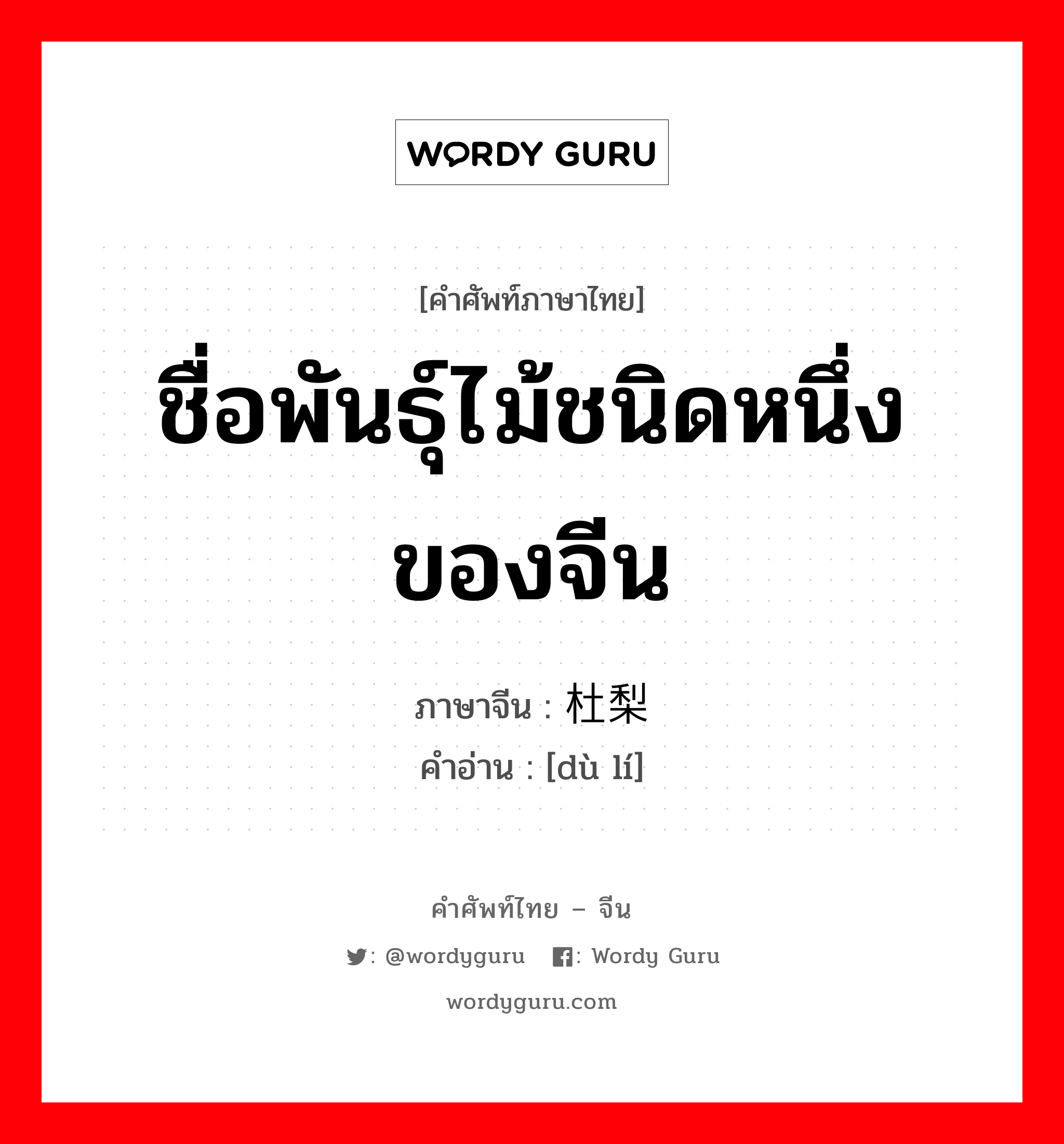 ชื่อพันธุ์ไม้ชนิดหนึ่งของจีน ชื่อสกุลหนึ่งของชาวจีน ภาษาจีนคืออะไร, คำศัพท์ภาษาไทย - จีน ชื่อพันธุ์ไม้ชนิดหนึ่งของจีน ภาษาจีน 杜梨 คำอ่าน [dù lí]