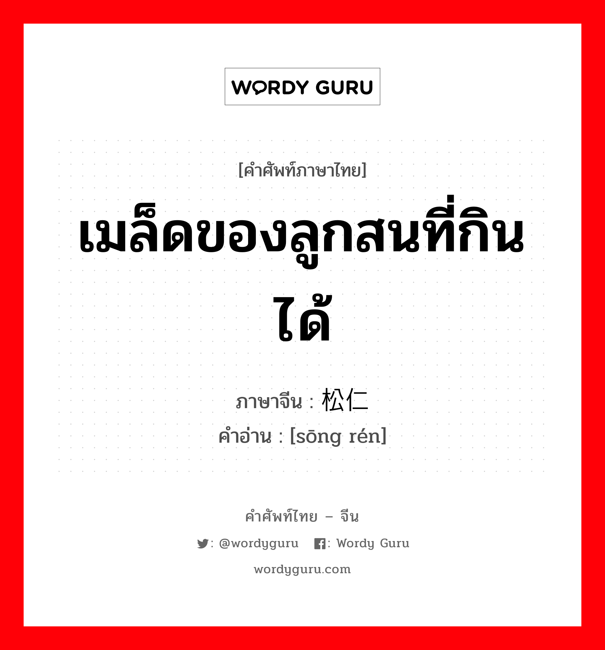 เมล็ดของลูกสนที่กินได้ ภาษาจีนคืออะไร, คำศัพท์ภาษาไทย - จีน เมล็ดของลูกสนที่กินได้ ภาษาจีน 松仁 คำอ่าน [sōng rén]