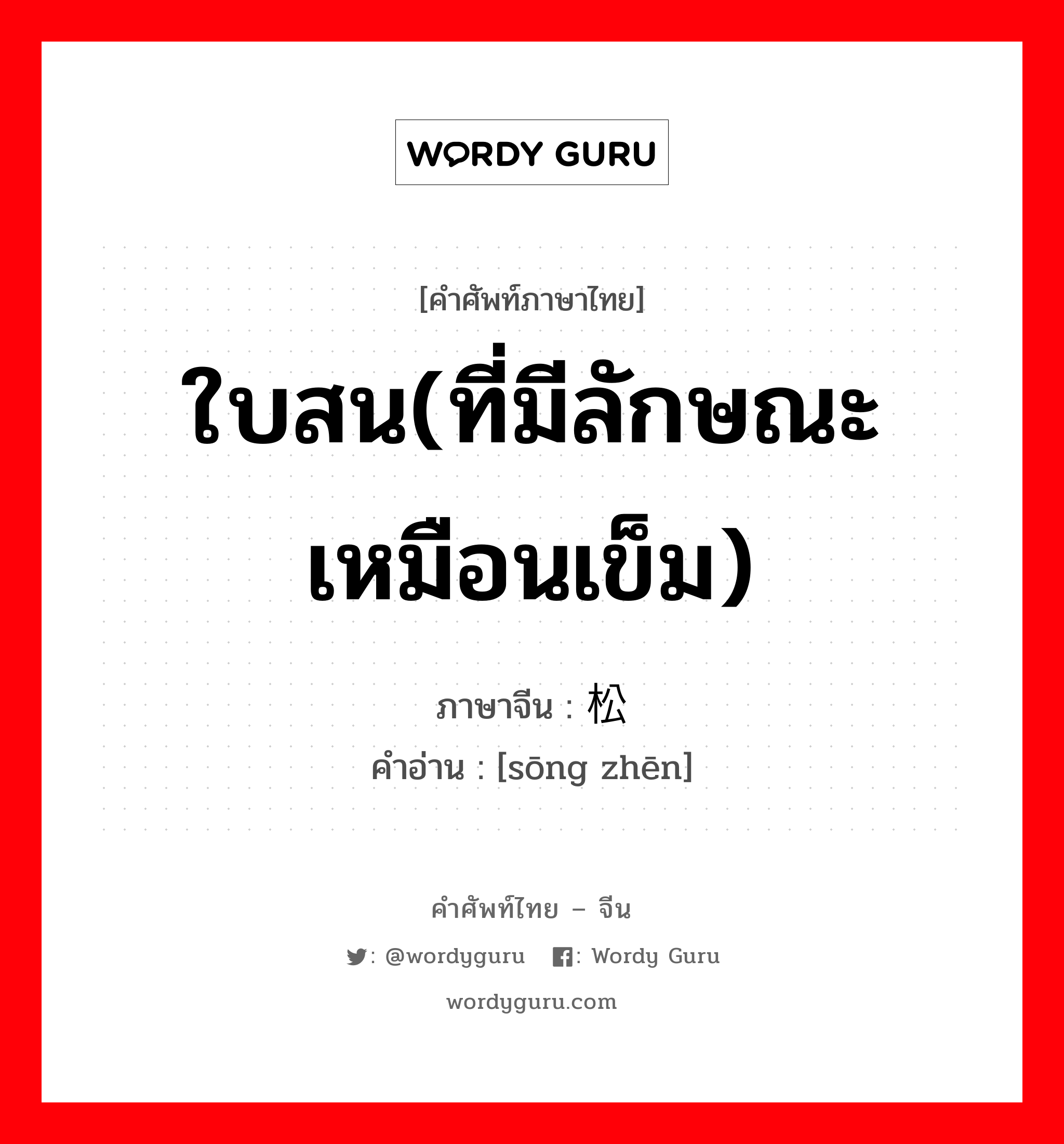 ใบสน(ที่มีลักษณะเหมือนเข็ม) ภาษาจีนคืออะไร, คำศัพท์ภาษาไทย - จีน ใบสน(ที่มีลักษณะเหมือนเข็ม) ภาษาจีน 松针 คำอ่าน [sōng zhēn]