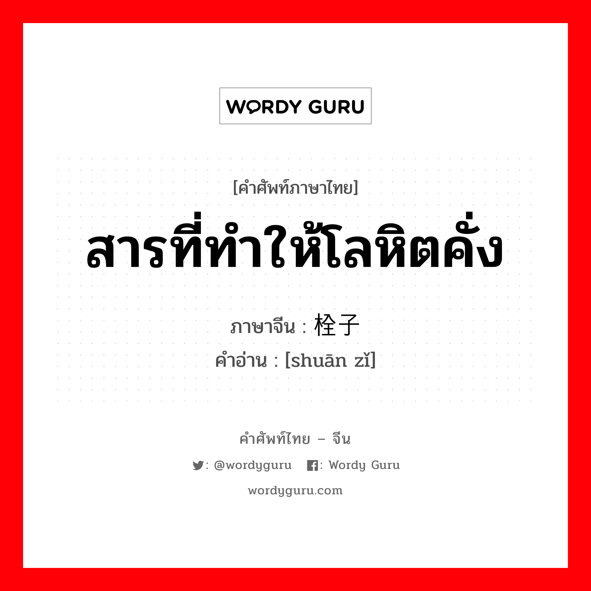 สารที่ทำให้โลหิตคั่ง ภาษาจีนคืออะไร, คำศัพท์ภาษาไทย - จีน สารที่ทำให้โลหิตคั่ง ภาษาจีน 栓子 คำอ่าน [shuān zǐ]