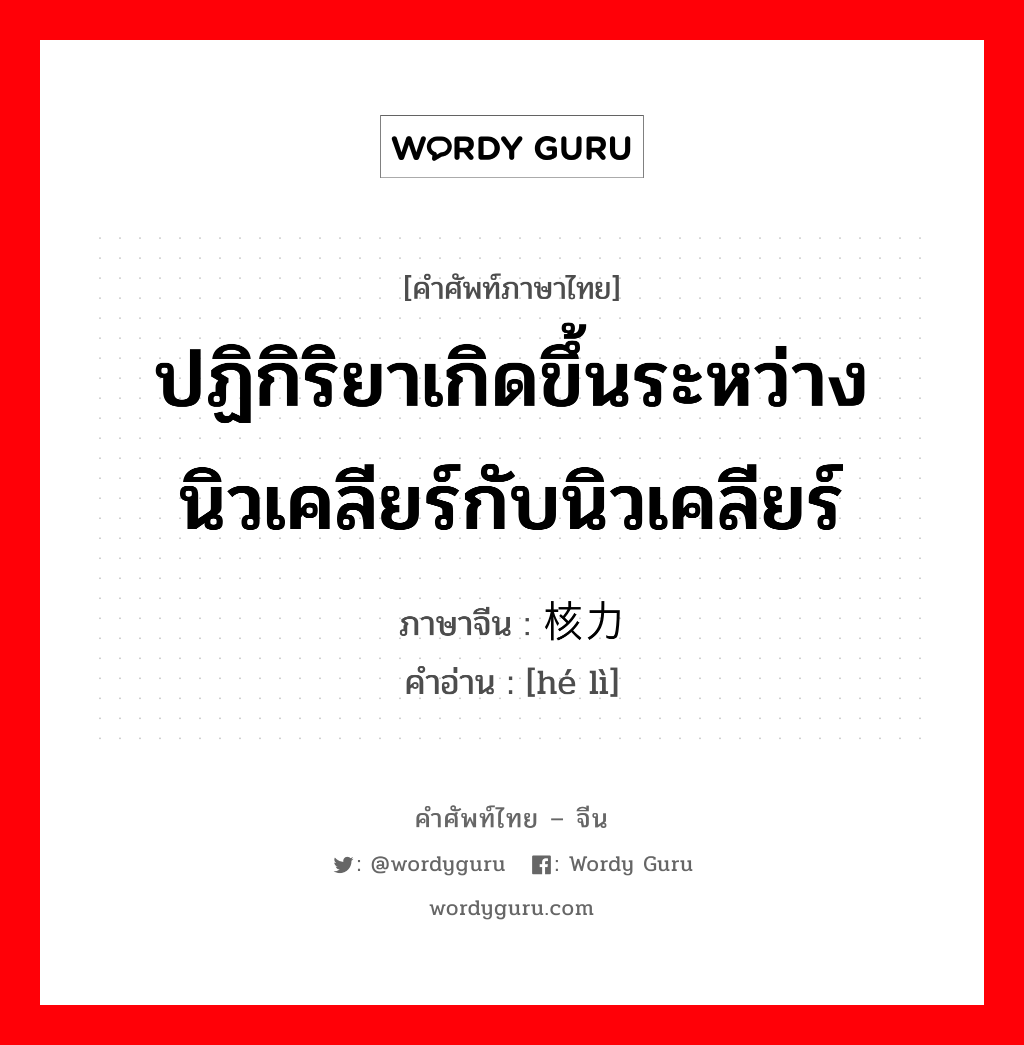 ปฏิกิริยาเกิดขึ้นระหว่างนิวเคลียร์กับนิวเคลียร์ ภาษาจีนคืออะไร, คำศัพท์ภาษาไทย - จีน ปฏิกิริยาเกิดขึ้นระหว่างนิวเคลียร์กับนิวเคลียร์ ภาษาจีน 核力 คำอ่าน [hé lì]