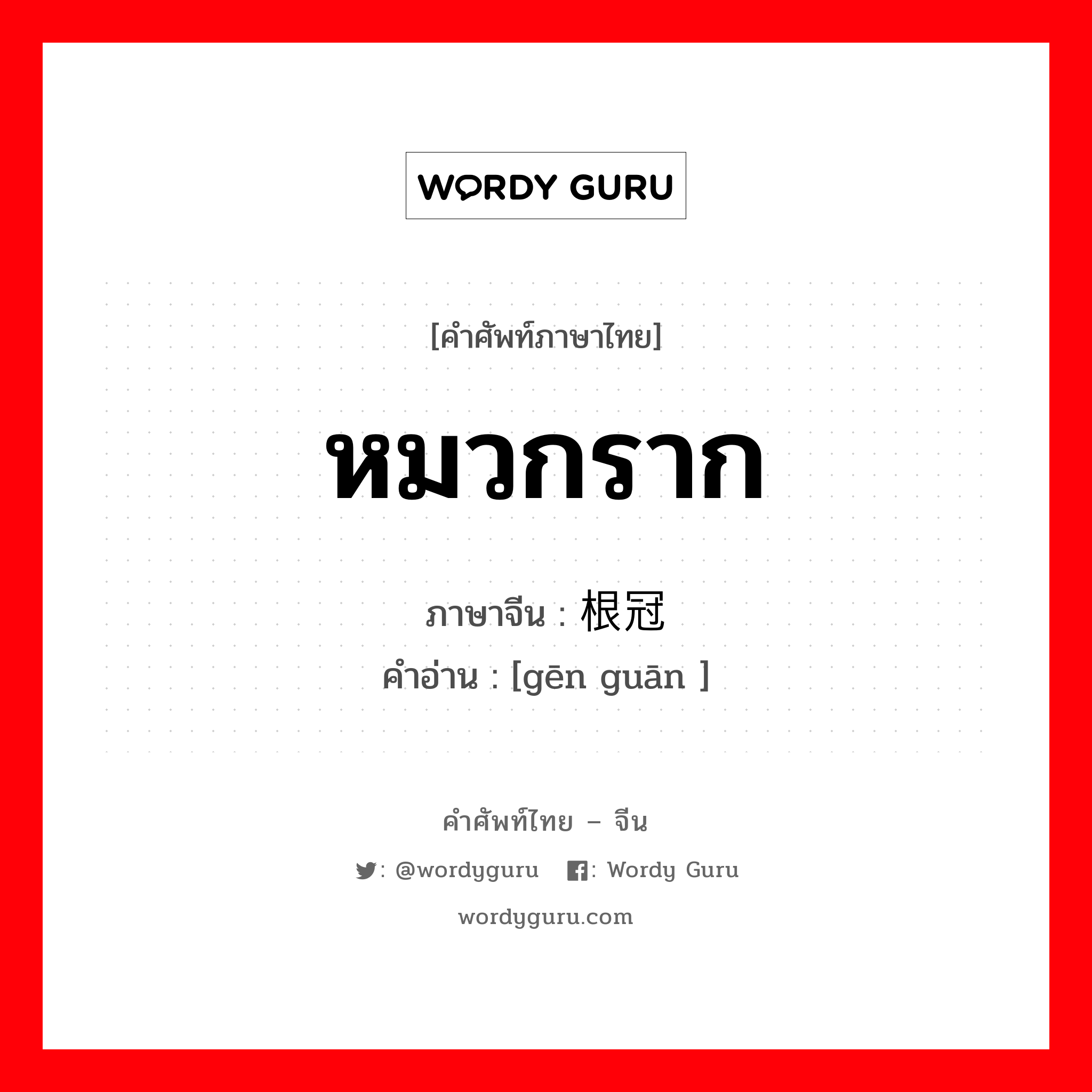 หมวกราก ภาษาจีนคืออะไร, คำศัพท์ภาษาไทย - จีน หมวกราก ภาษาจีน 根冠 คำอ่าน [gēn guān ]