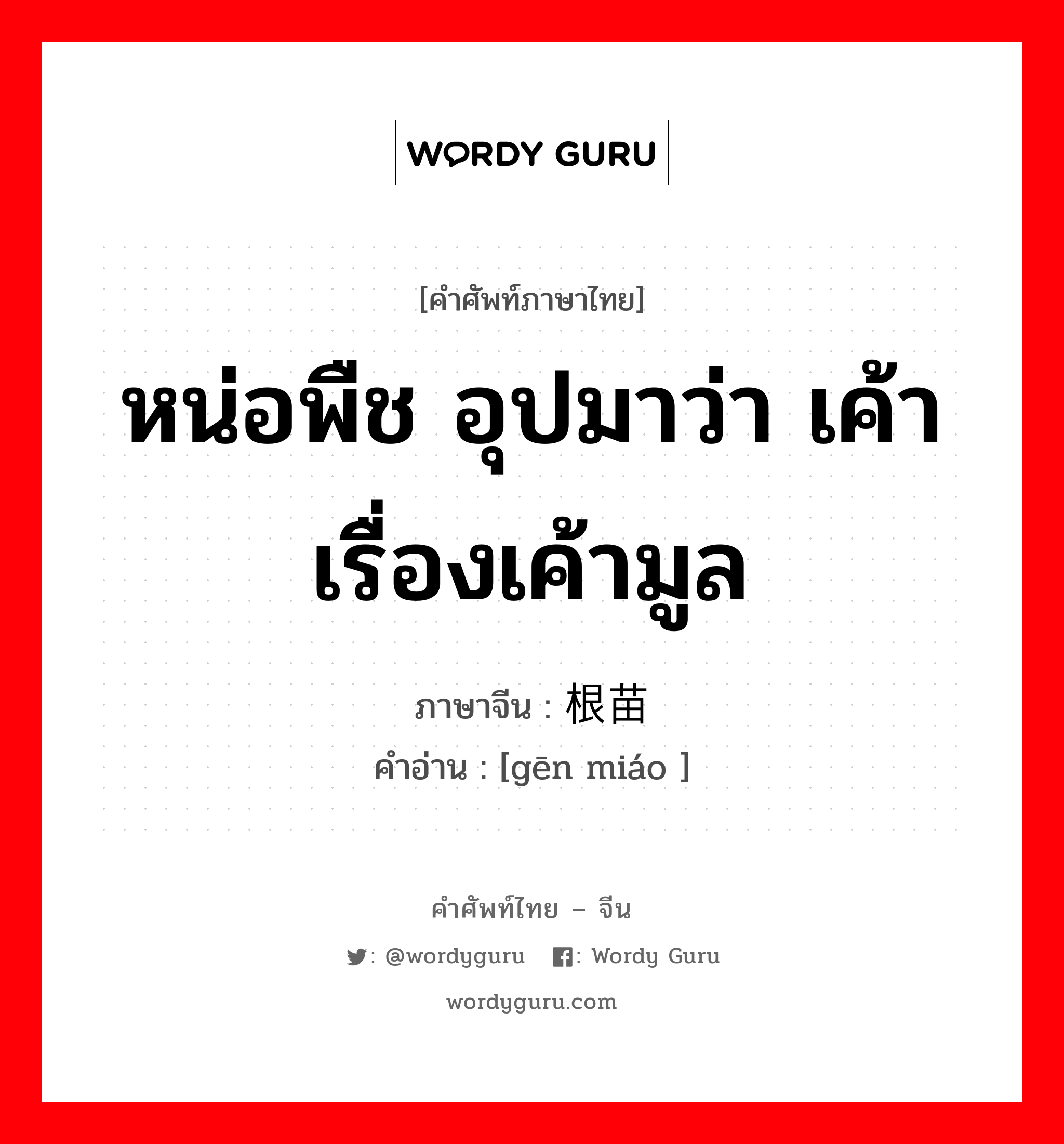 หน่อพืช อุปมาว่า เค้าเรื่องเค้ามูล ภาษาจีนคืออะไร, คำศัพท์ภาษาไทย - จีน หน่อพืช อุปมาว่า เค้าเรื่องเค้ามูล ภาษาจีน 根苗 คำอ่าน [gēn miáo ]