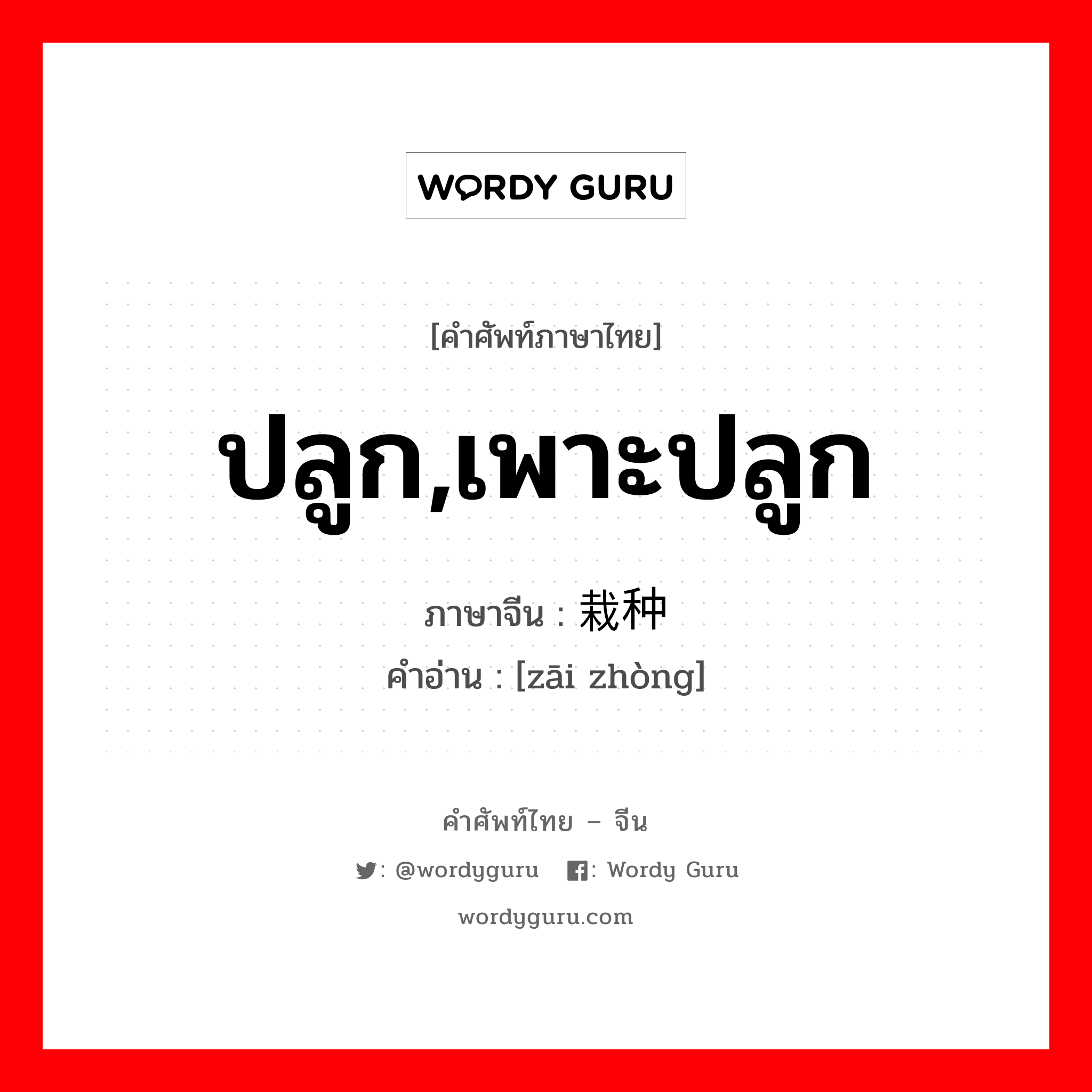 ปลูก,เพาะปลูก ภาษาจีนคืออะไร, คำศัพท์ภาษาไทย - จีน ปลูก,เพาะปลูก ภาษาจีน 栽种 คำอ่าน [zāi zhòng]