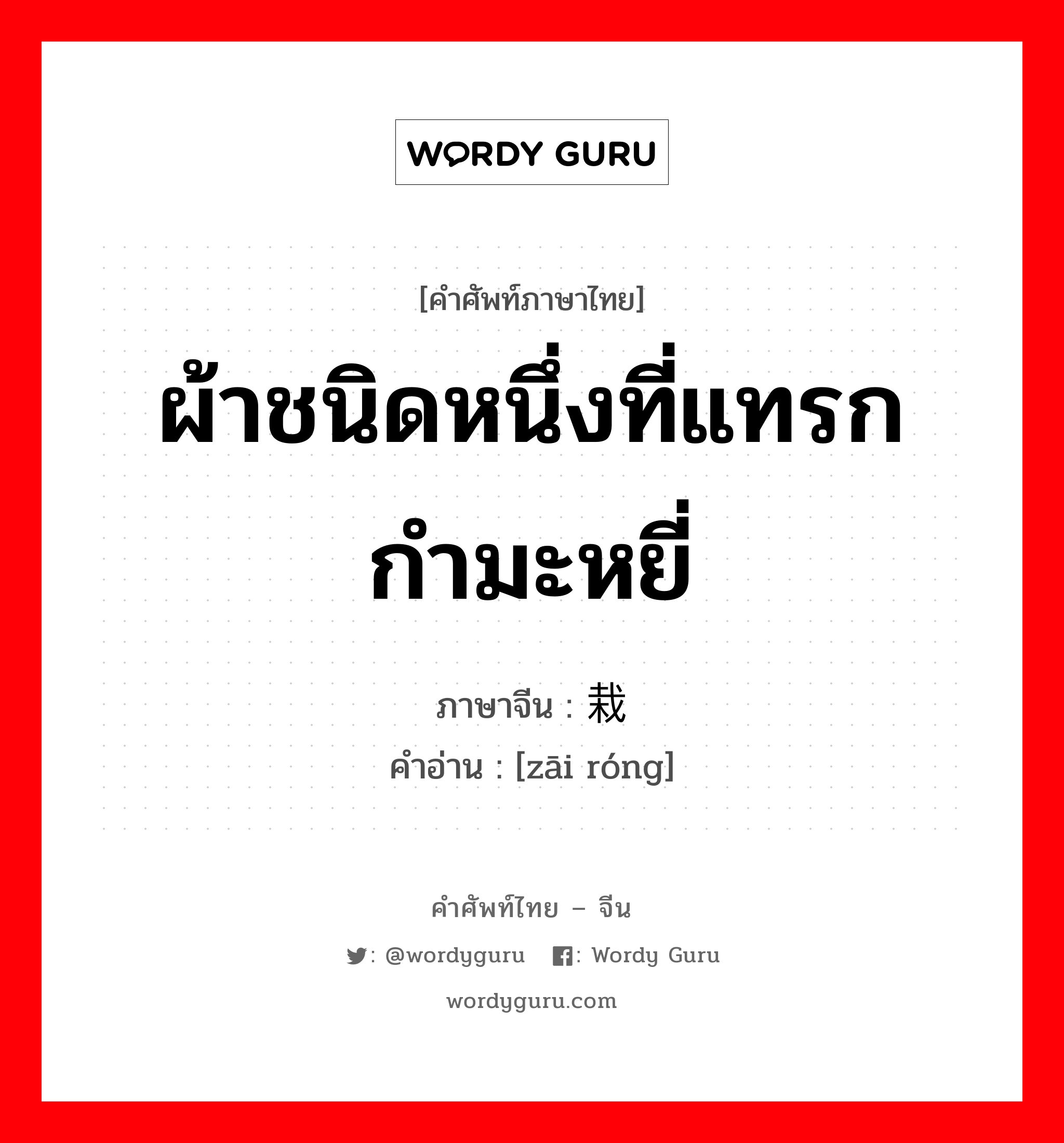 ผ้าชนิดหนึ่งที่แทรกกำมะหยี่ ภาษาจีนคืออะไร, คำศัพท์ภาษาไทย - จีน ผ้าชนิดหนึ่งที่แทรกกำมะหยี่ ภาษาจีน 栽绒 คำอ่าน [zāi róng]