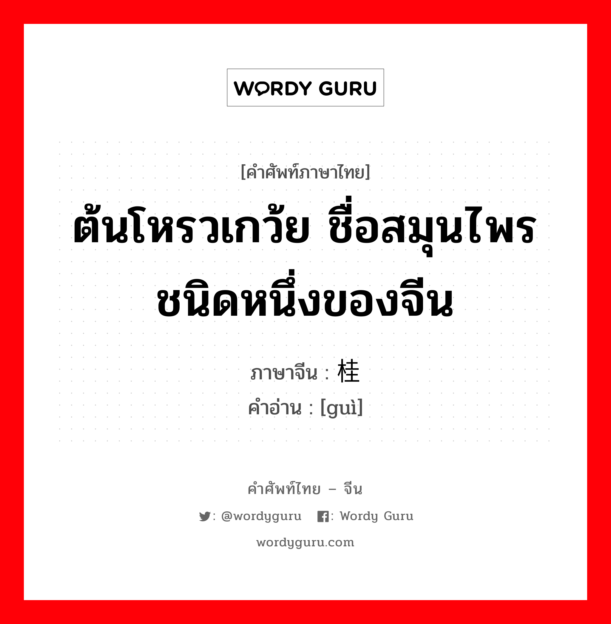 ต้นโหรวเกว้ย ชื่อสมุนไพรชนิดหนึ่งของจีน ภาษาจีนคืออะไร, คำศัพท์ภาษาไทย - จีน ต้นโหรวเกว้ย ชื่อสมุนไพรชนิดหนึ่งของจีน ภาษาจีน 桂 คำอ่าน [guì]