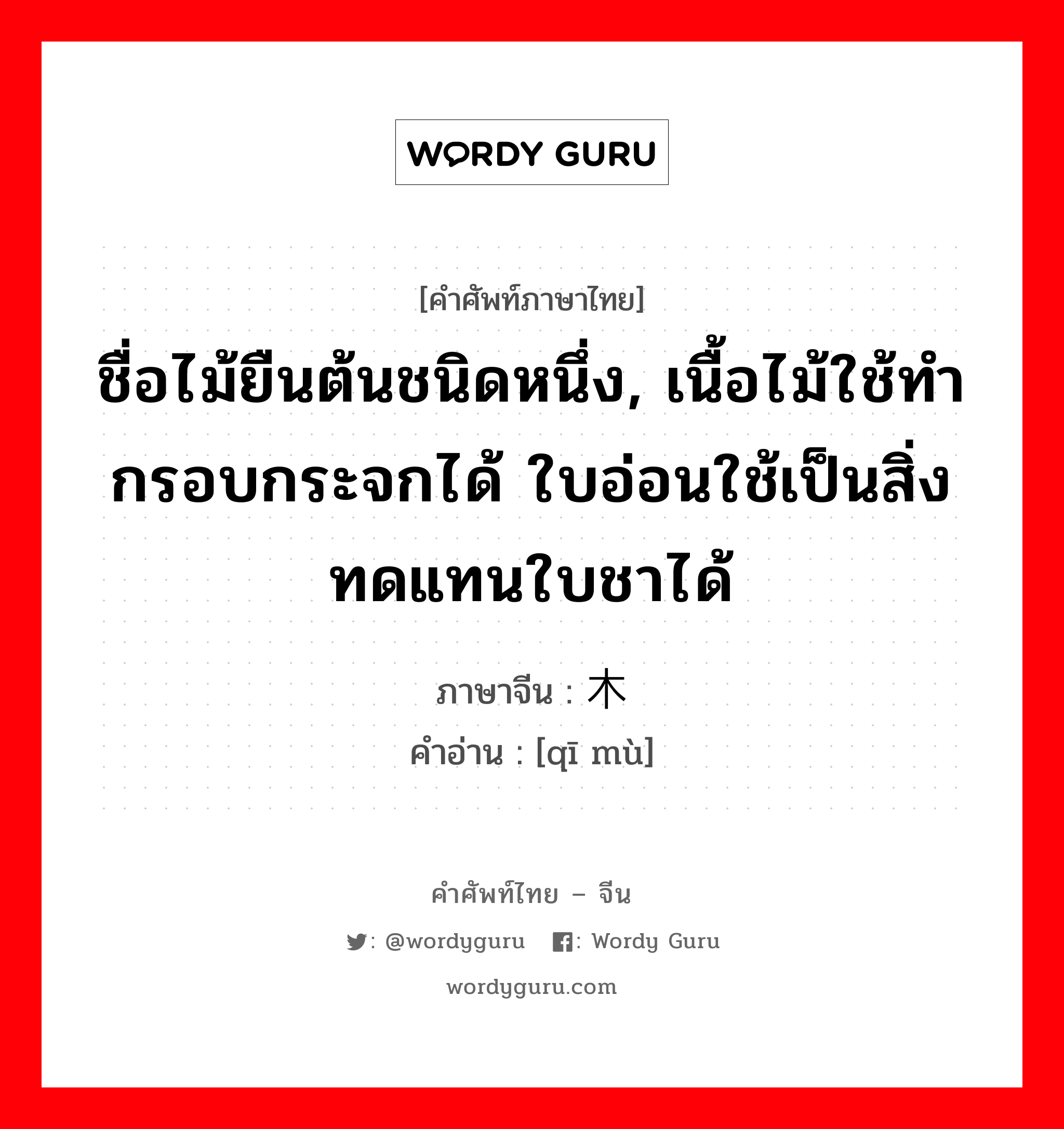 ชื่อไม้ยืนต้นชนิดหนึ่ง, เนื้อไม้ใช้ทำกรอบกระจกได้ ใบอ่อนใช้เป็นสิ่งทดแทนใบชาได้ ภาษาจีนคืออะไร, คำศัพท์ภาษาไทย - จีน ชื่อไม้ยืนต้นชนิดหนึ่ง, เนื้อไม้ใช้ทำกรอบกระจกได้ ใบอ่อนใช้เป็นสิ่งทดแทนใบชาได้ ภาษาจีน 桤木 คำอ่าน [qī mù]