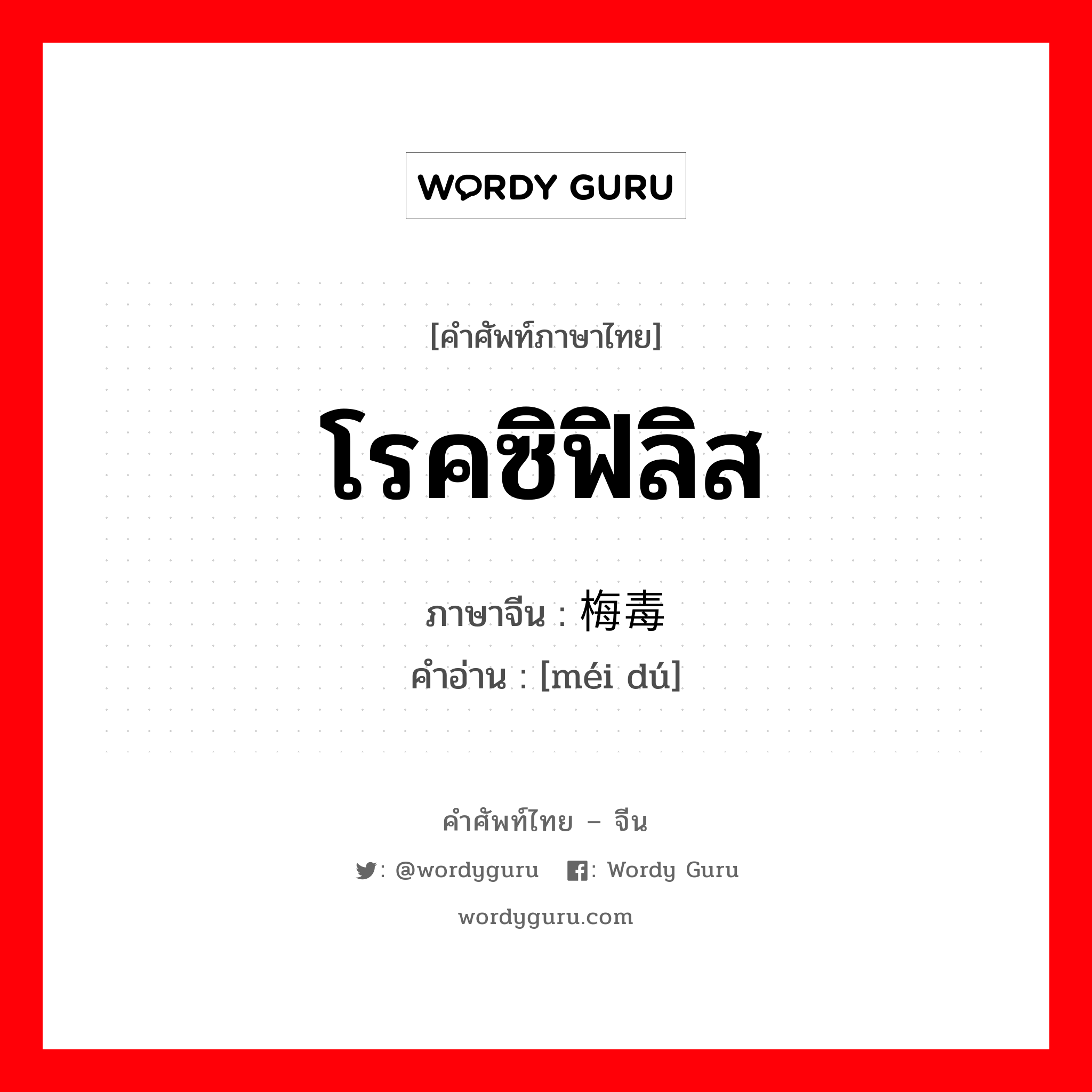 โรคซิฟิลิส ภาษาจีนคืออะไร, คำศัพท์ภาษาไทย - จีน โรคซิฟิลิส ภาษาจีน 梅毒 คำอ่าน [méi dú]