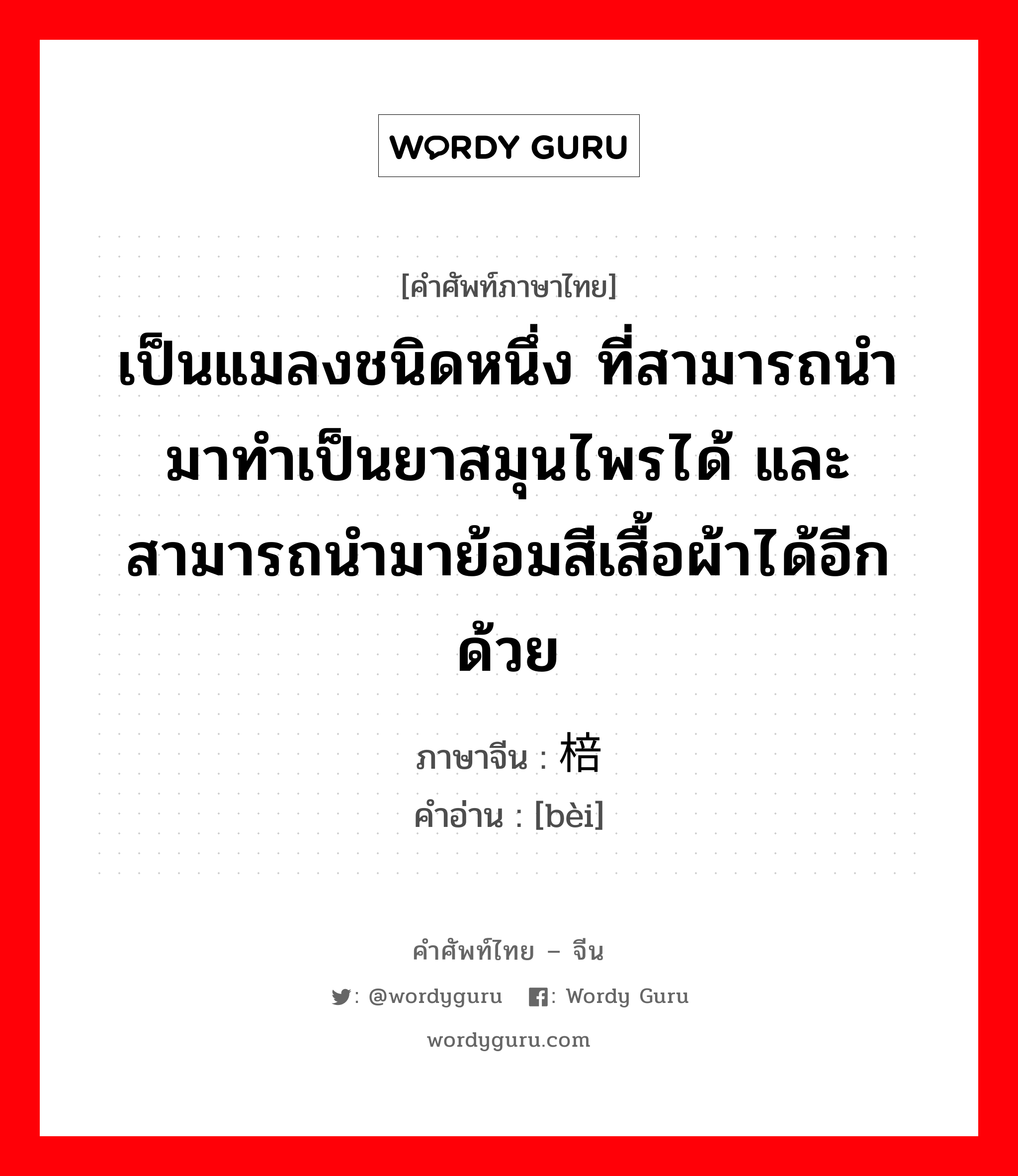 เป็นแมลงชนิดหนึ่ง ที่สามารถนำมาทำเป็นยาสมุนไพรได้ และสามารถนำมาย้อมสีเสื้อผ้าได้อีกด้วย ภาษาจีนคืออะไร, คำศัพท์ภาษาไทย - จีน เป็นแมลงชนิดหนึ่ง ที่สามารถนำมาทำเป็นยาสมุนไพรได้ และสามารถนำมาย้อมสีเสื้อผ้าได้อีกด้วย ภาษาจีน 棓 คำอ่าน [bèi]