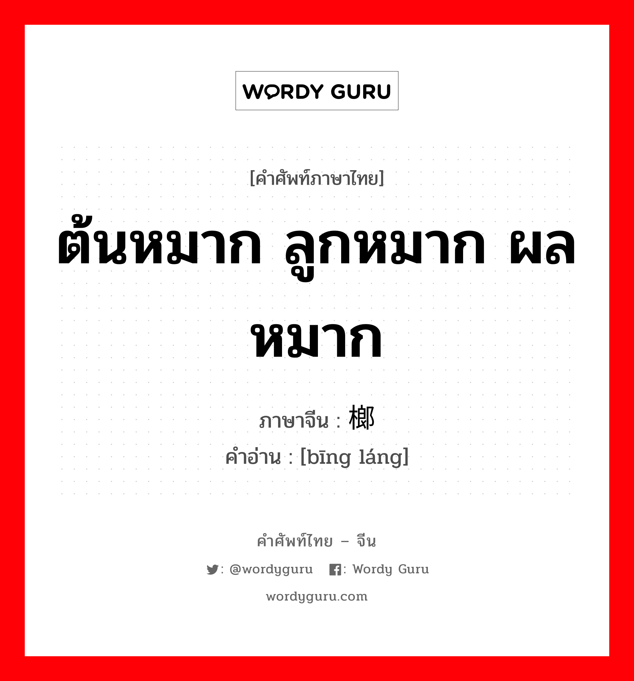 ต้นหมาก ลูกหมาก ผลหมาก ภาษาจีนคืออะไร, คำศัพท์ภาษาไทย - จีน ต้นหมาก ลูกหมาก ผลหมาก ภาษาจีน 槟榔 คำอ่าน [bīng láng]